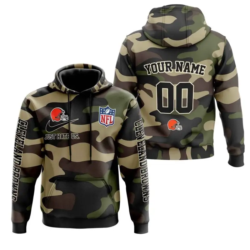 Cleveland Browns Nfl Just Hate Us Camouflage Custom Name And Number Hoodie 2025