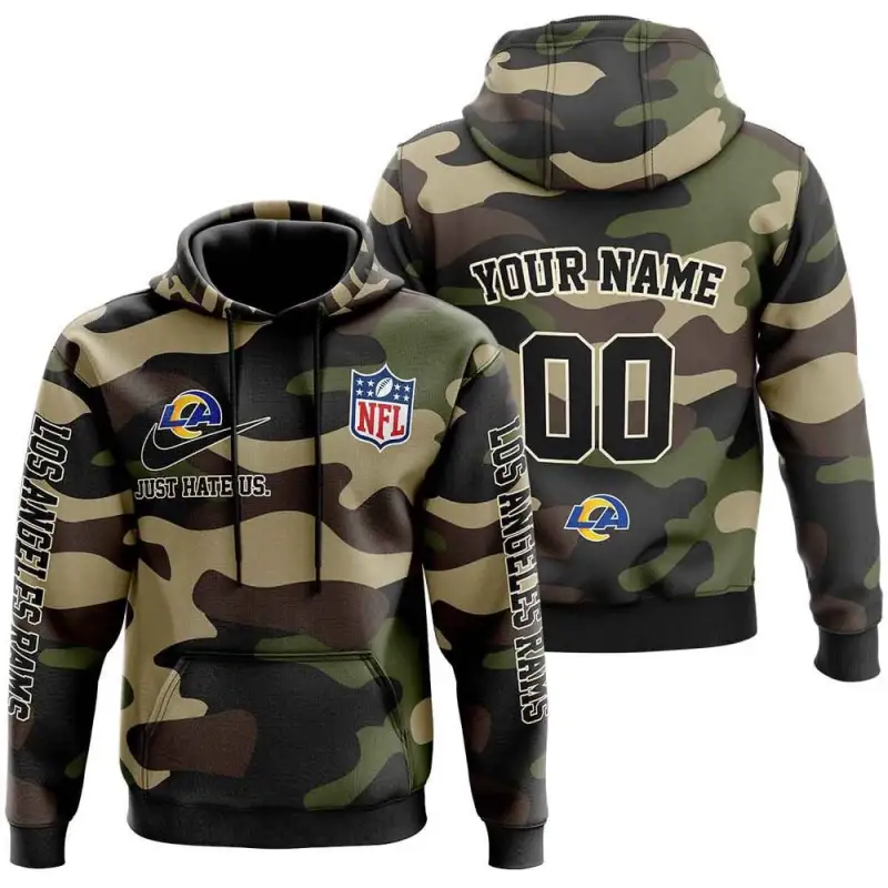 Los Angeles Rams Nfl Just Hate Us Camouflage Custom Name And Number Hoodie 2025
