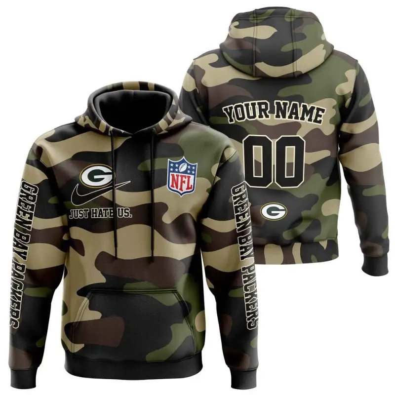 Green Bay Packers Nfl Just Hate Us Camouflage Custom Name And Number Hoodie 2025