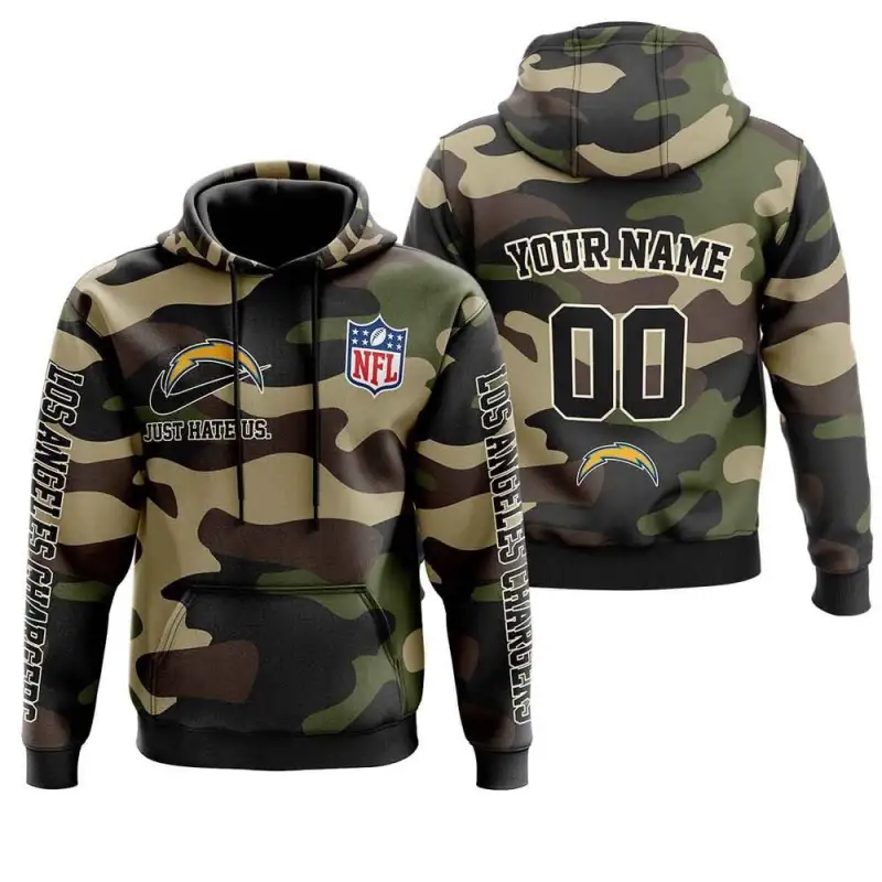 Los Angeles Chargers Nfl Just Hate Us Camouflage Custom Name And Number Hoodie 2025