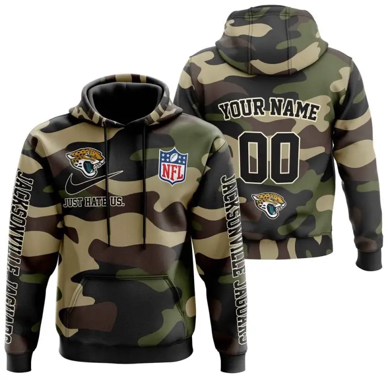 Jacksonville Jaguars Nfl Just Hate Us Camouflage Custom Name And Number Hoodie 2025