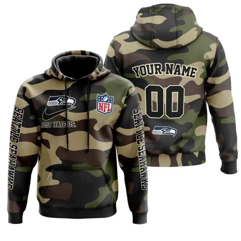 Seattle Seahawks Nfl Just Hate Us Camouflage Custom Name And Number Hoodie 2025