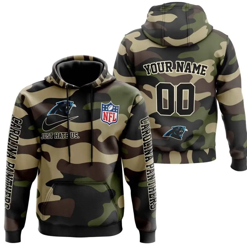 Carolina Panthers Nfl Just Hate Us Camouflage Custom Name And Number Hoodie 2025