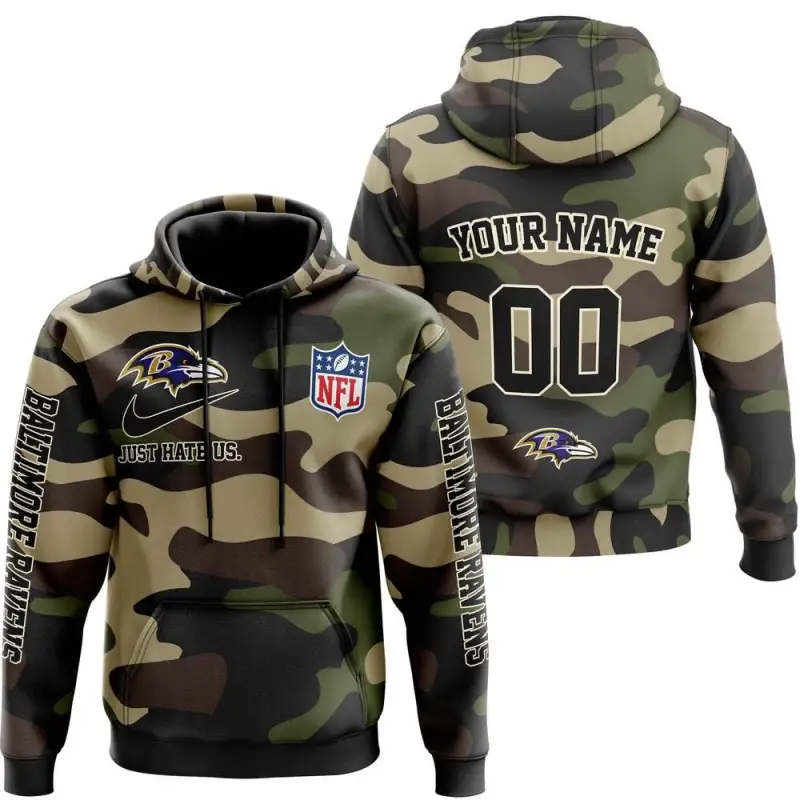 Baltimore Ravens Nfl Just Hate Us Camouflage Custom Name And Number Hoodie 2025