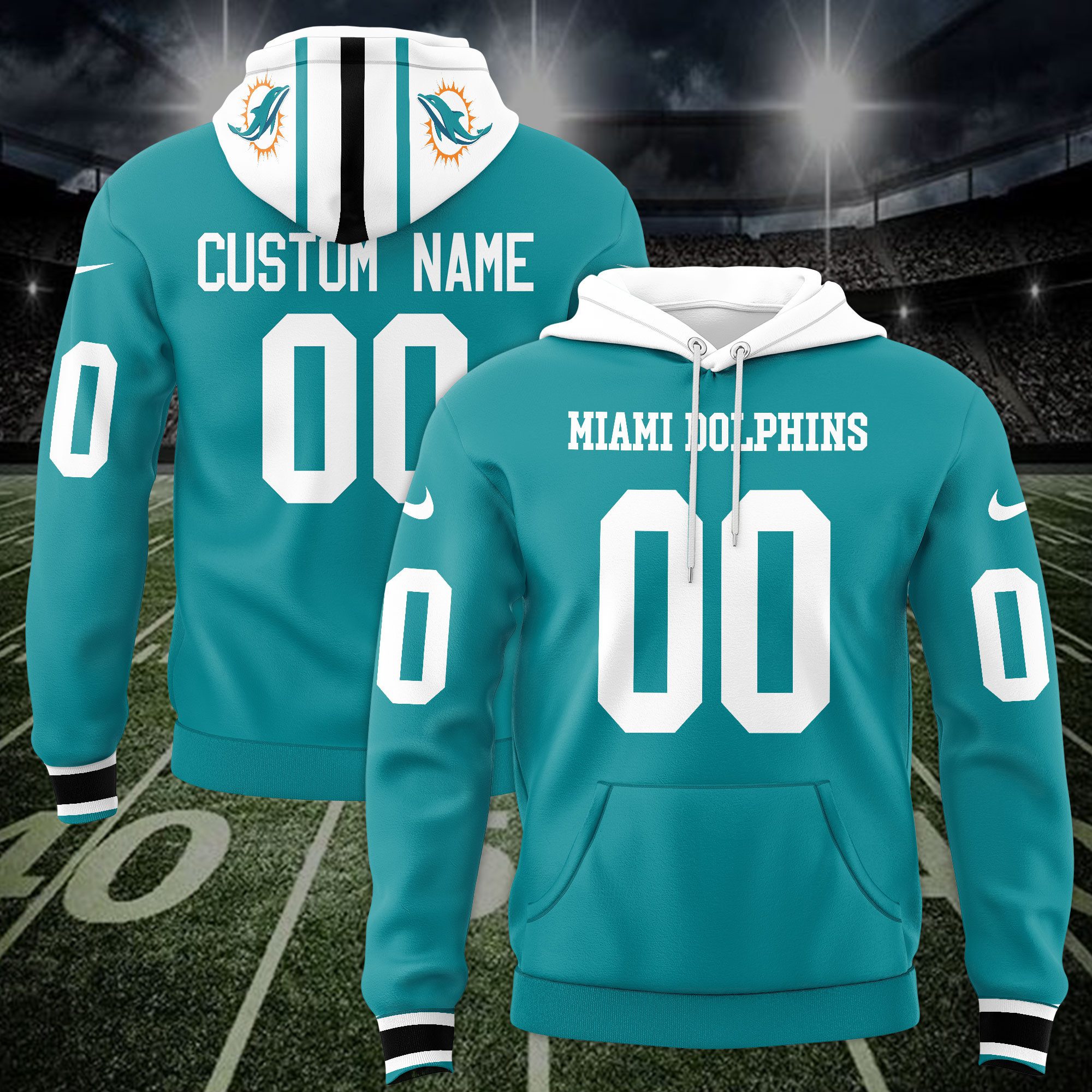 Miami Dolphins Custom Name And Number Hoodie Style Jersey 2025