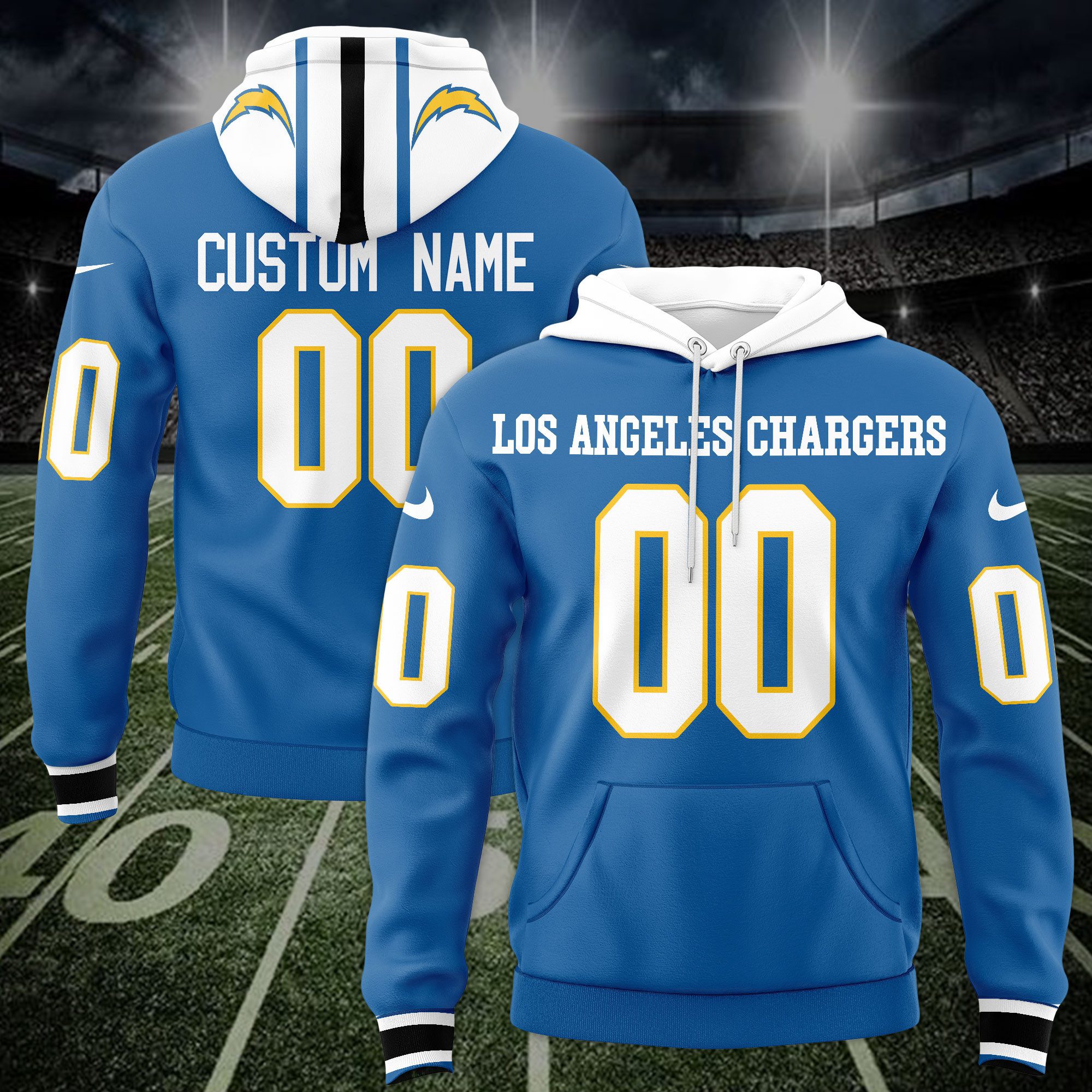Los Angeles Chargers Custom Name And Number Hoodie Style Jersey 2025