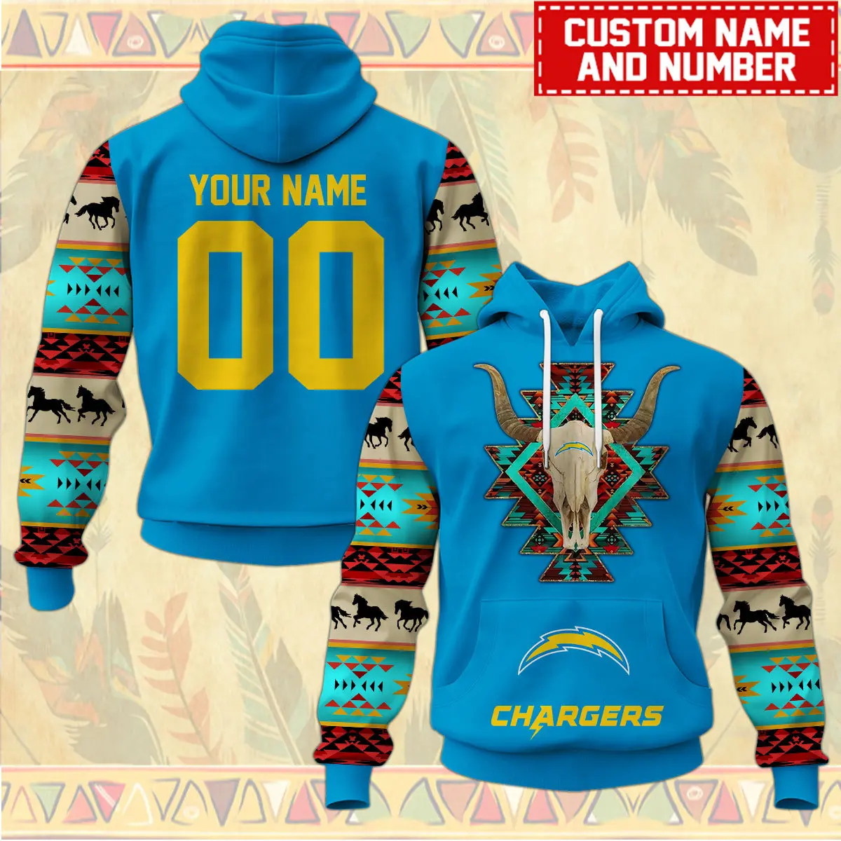 Los Angeles Chargers Nfl Native American Pattern Hoodie Custom Name/Number Hoodie 3D All Over Print