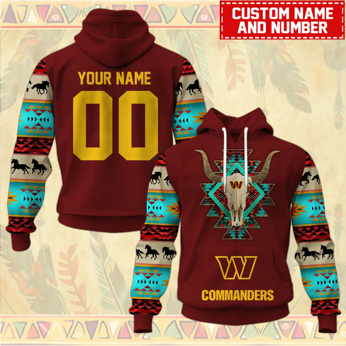 Washington Commanders Nfl Native American Pattern Hoodie Custom Name/Number Hoodie 3D All Over Print