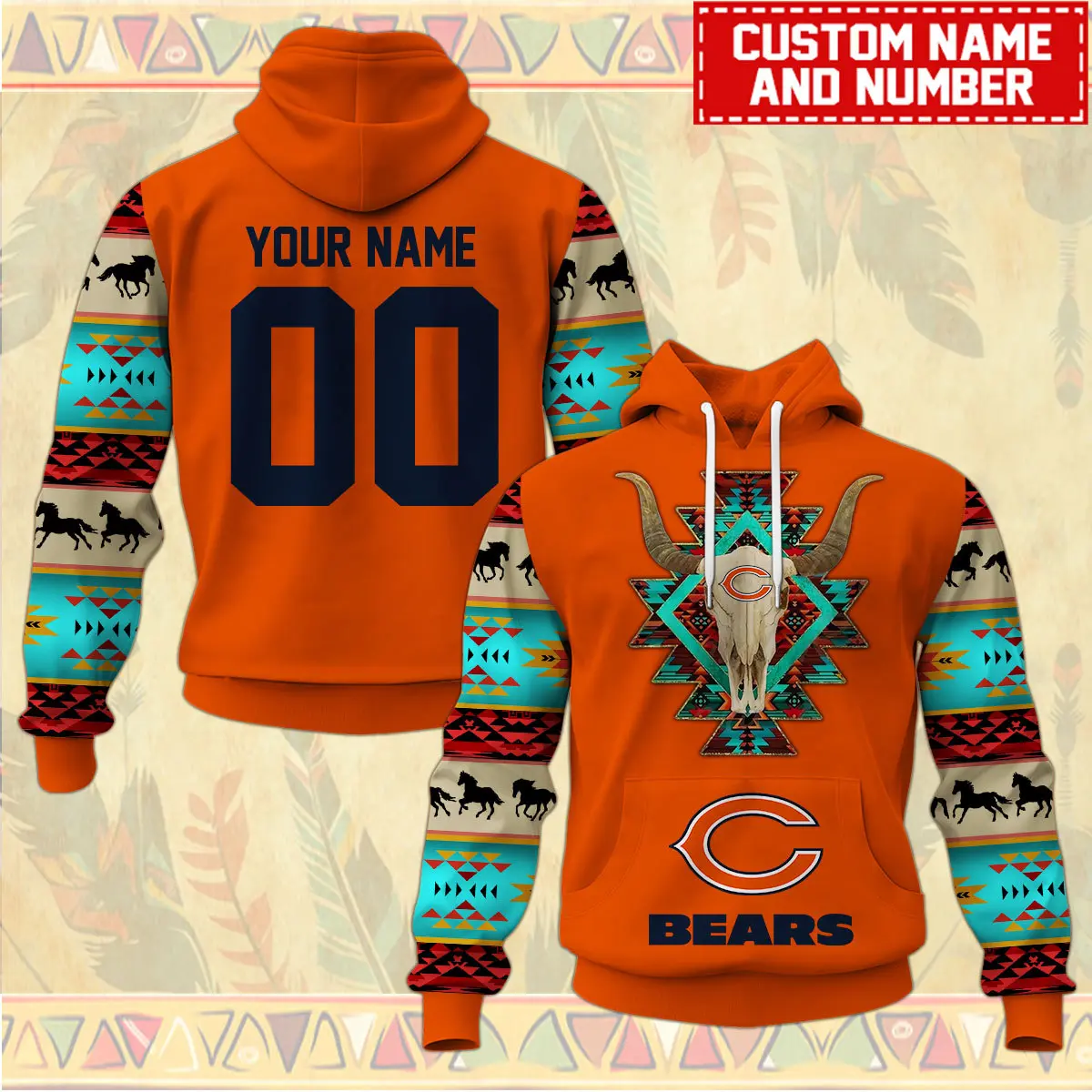 Chicago Bears Nfl Native American Pattern Hoodie Custom Name/Number Hoodie 3D All Over Print