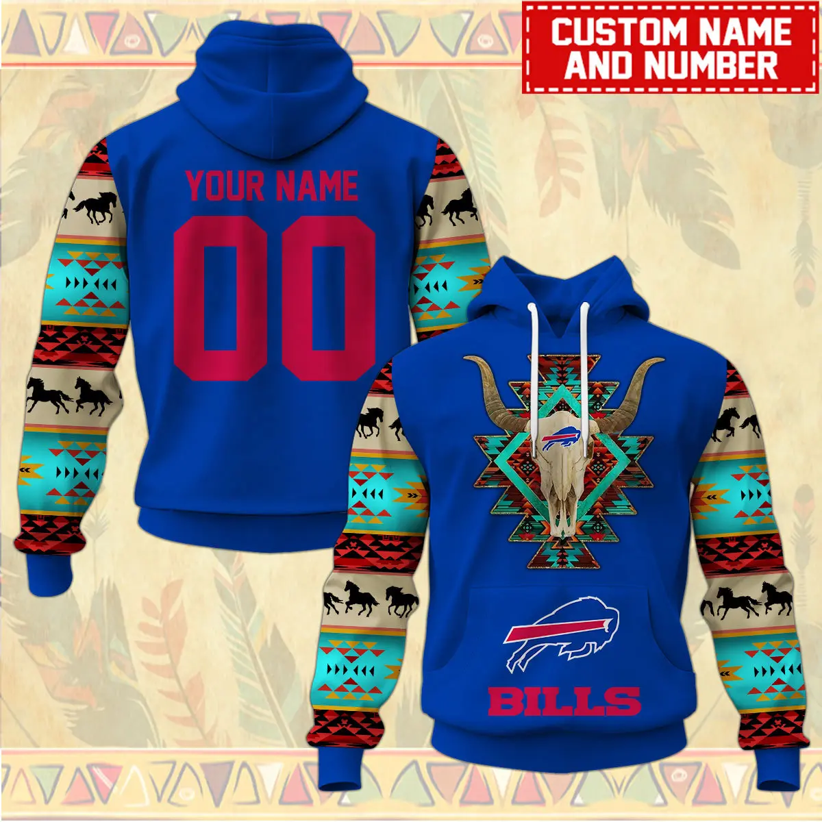 Buffalo Bills Nfl Native American Pattern Hoodie Custom Name/Number Hoodie 3D All Over Print