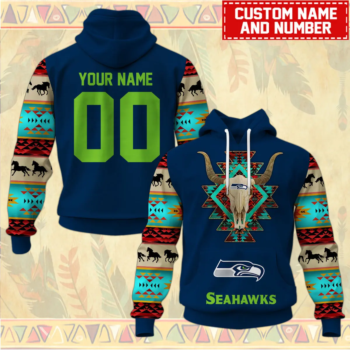 Seattle Seahawks Nfl Native American Pattern Hoodie Custom Name/Number Hoodie 3D All Over Print