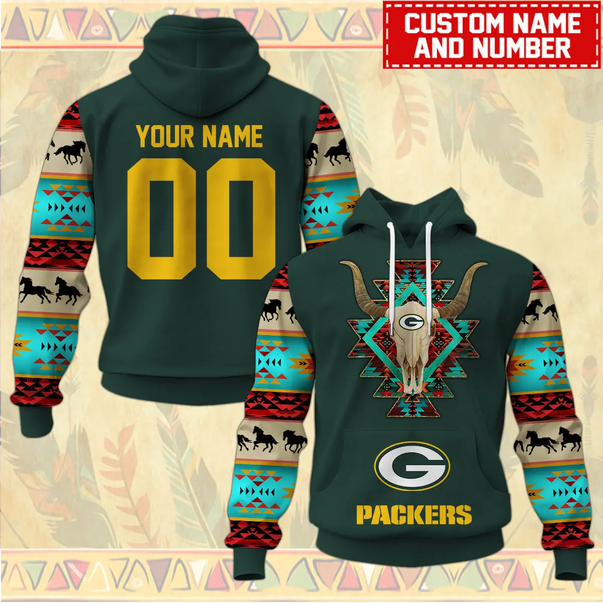 Green Bay Packers Nfl Native American Pattern Hoodie Custom Name/Number Hoodie 3D All Over Print