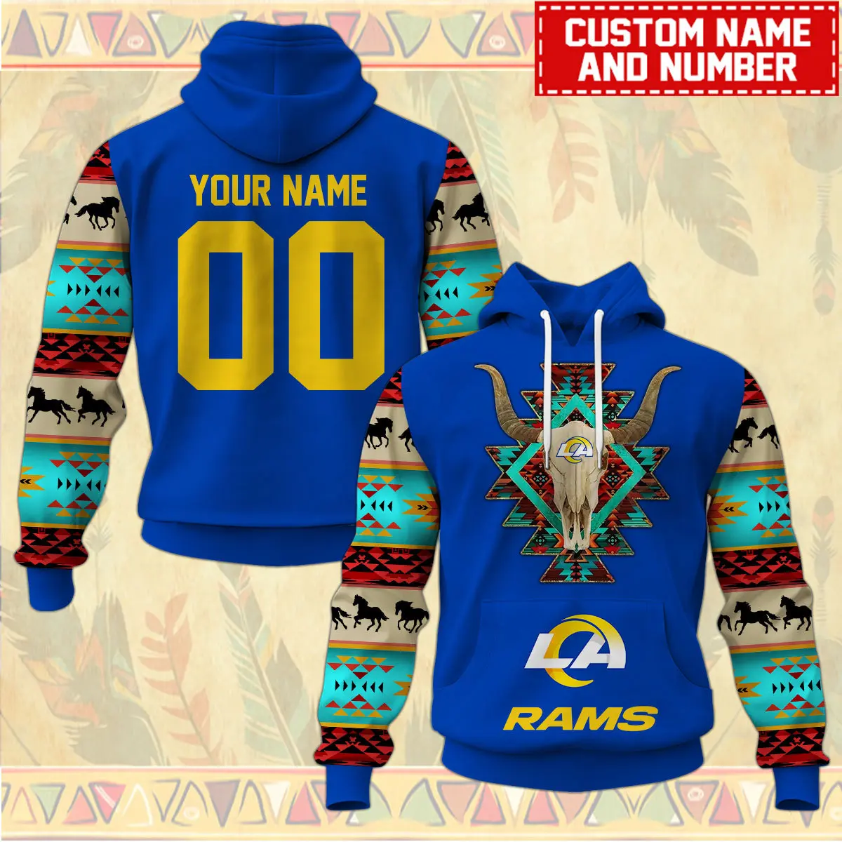 Los Angeles Rams Nfl Native American Pattern Hoodie Custom Name/Number Hoodie 3D All Over Print