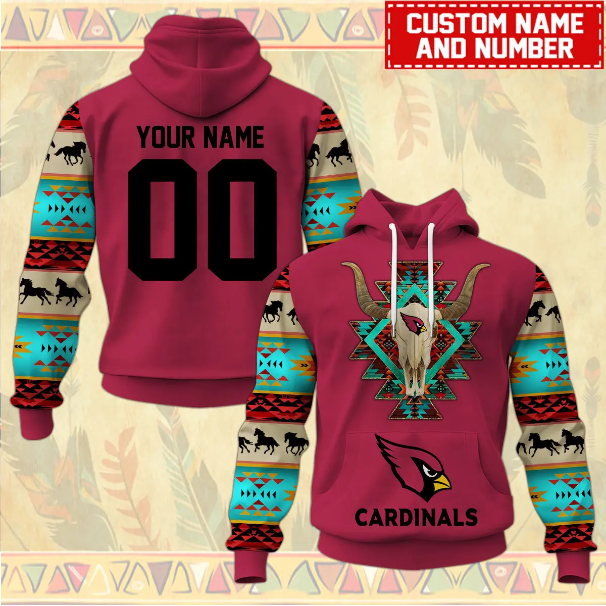 Arizona Cardinals Nfl Native American Pattern Hoodie Custom Name/Number Hoodie 3D All Over Print