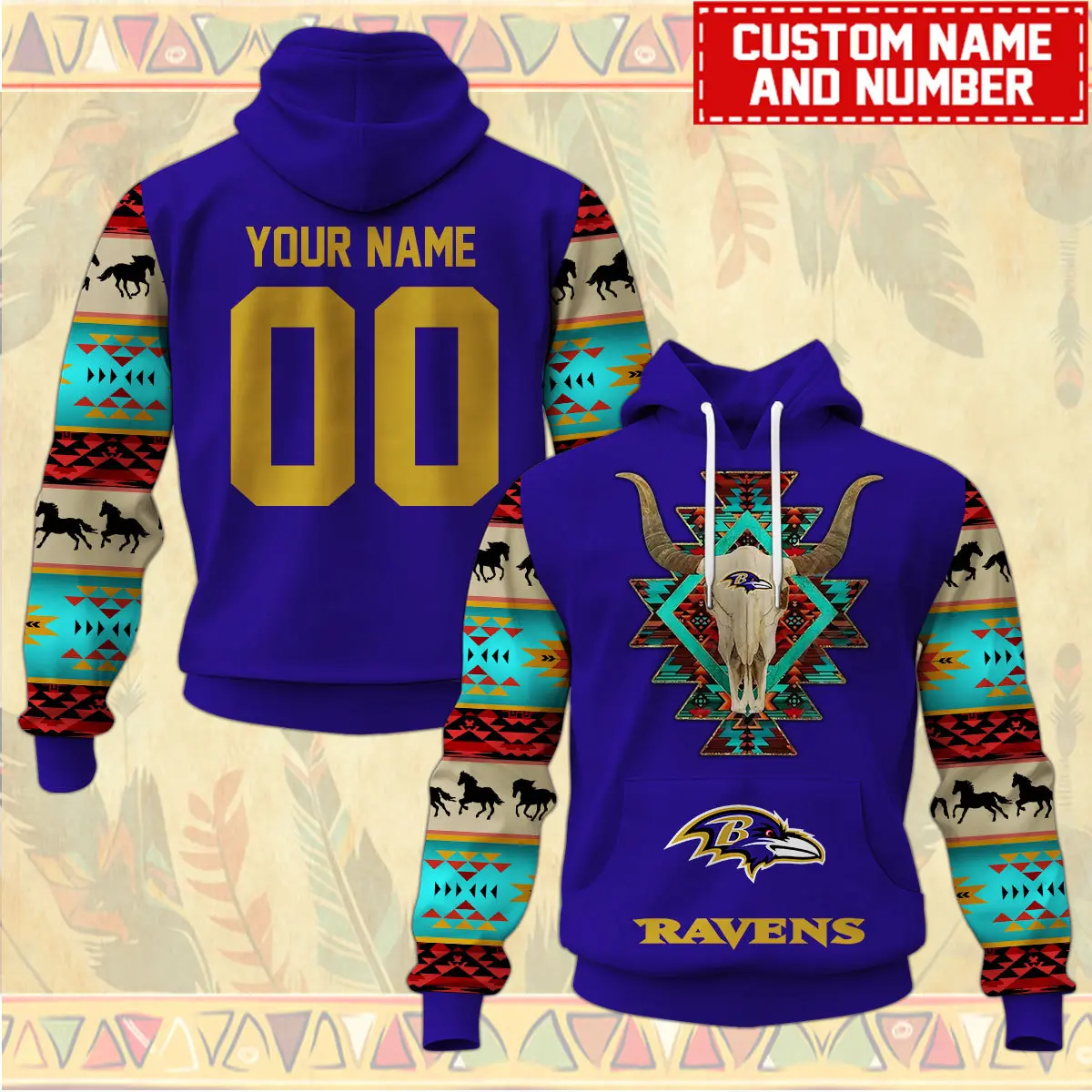 Baltimore Ravens Nfl Native American Pattern Hoodie Custom Name/Number Hoodie 3D All Over Print
