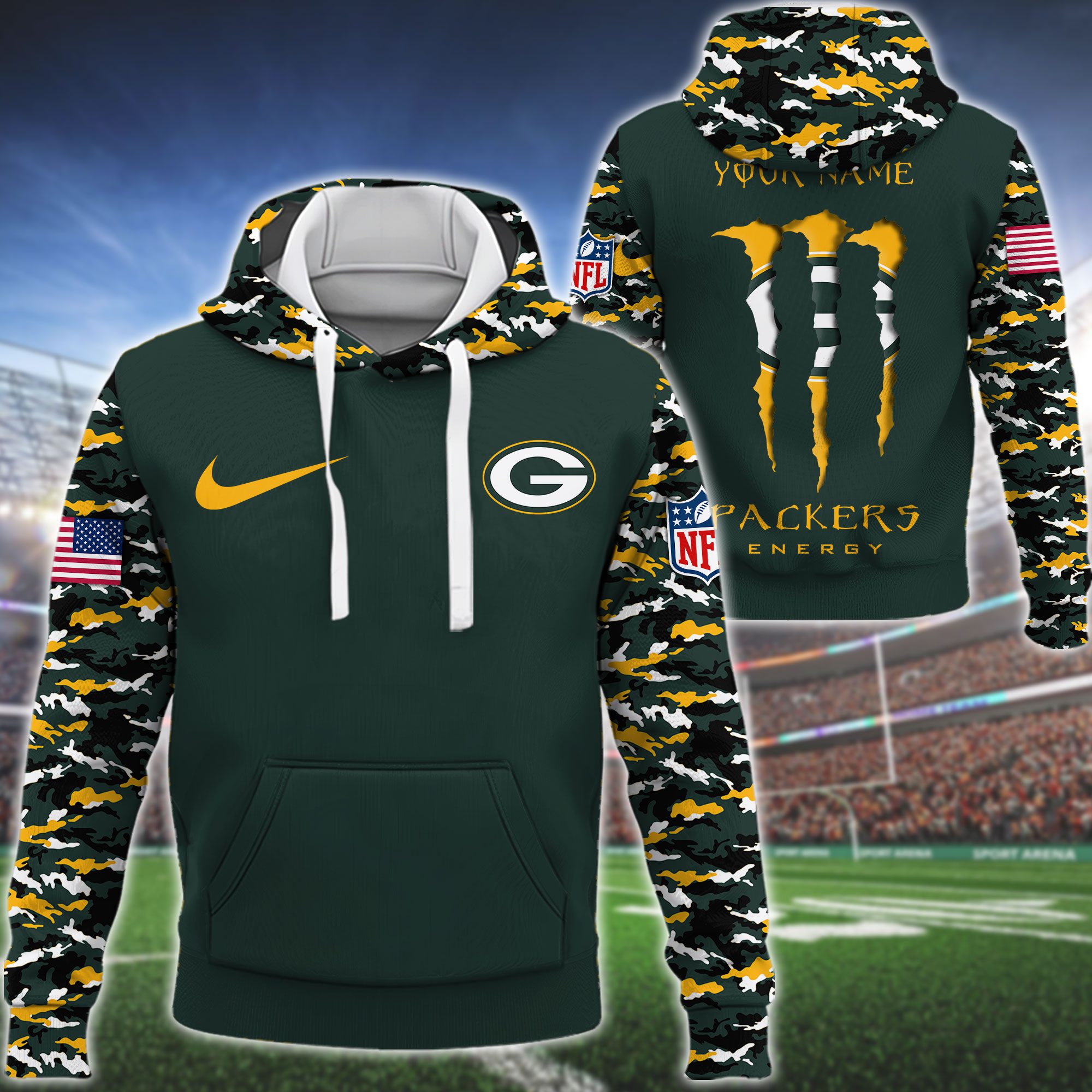 Green Bay Packers Nfl Swoosh Camo Pullover Hoodie 3D Print For Sport Fans
