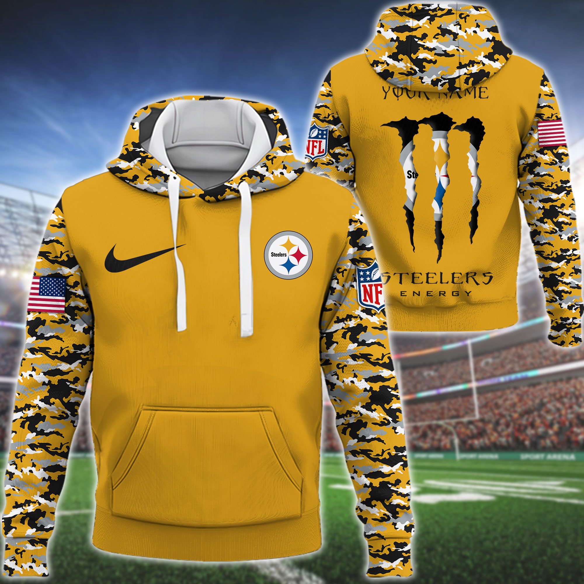 Pittsburgh Steelers Nfl Swoosh Camo Pullover Hoodie 3D Print For Sport Fans