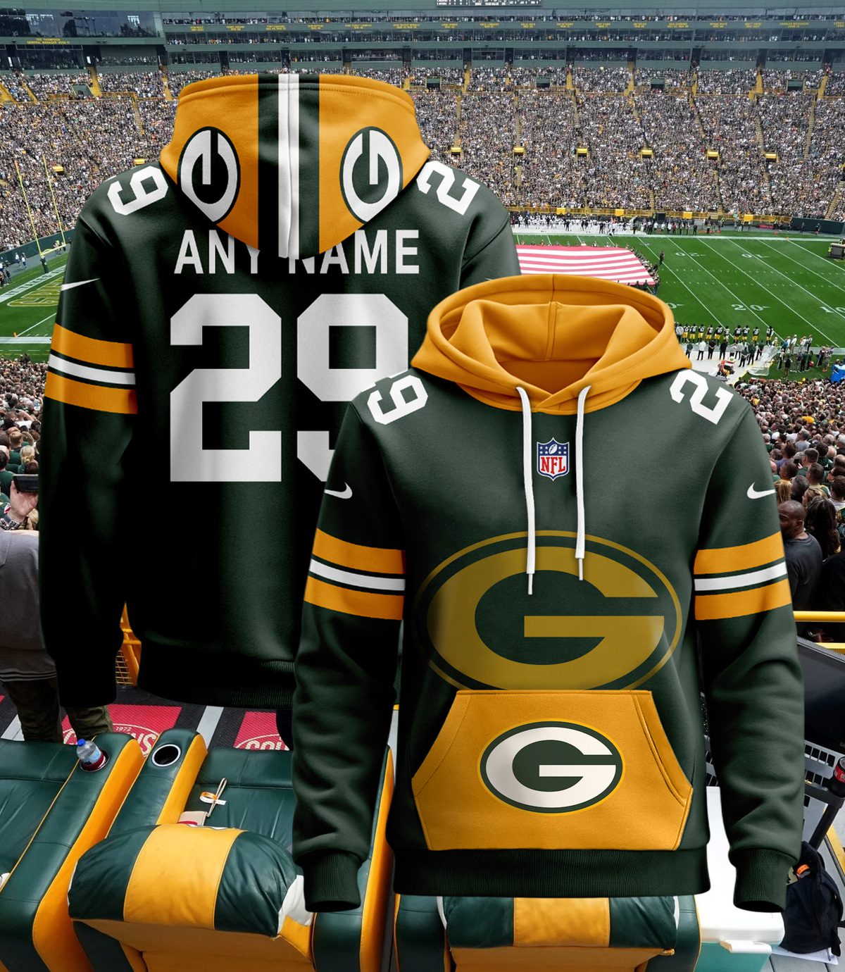 Green Bay Packers Nfl Custom Name And Number Hoodie 3D Print For Sport Fans