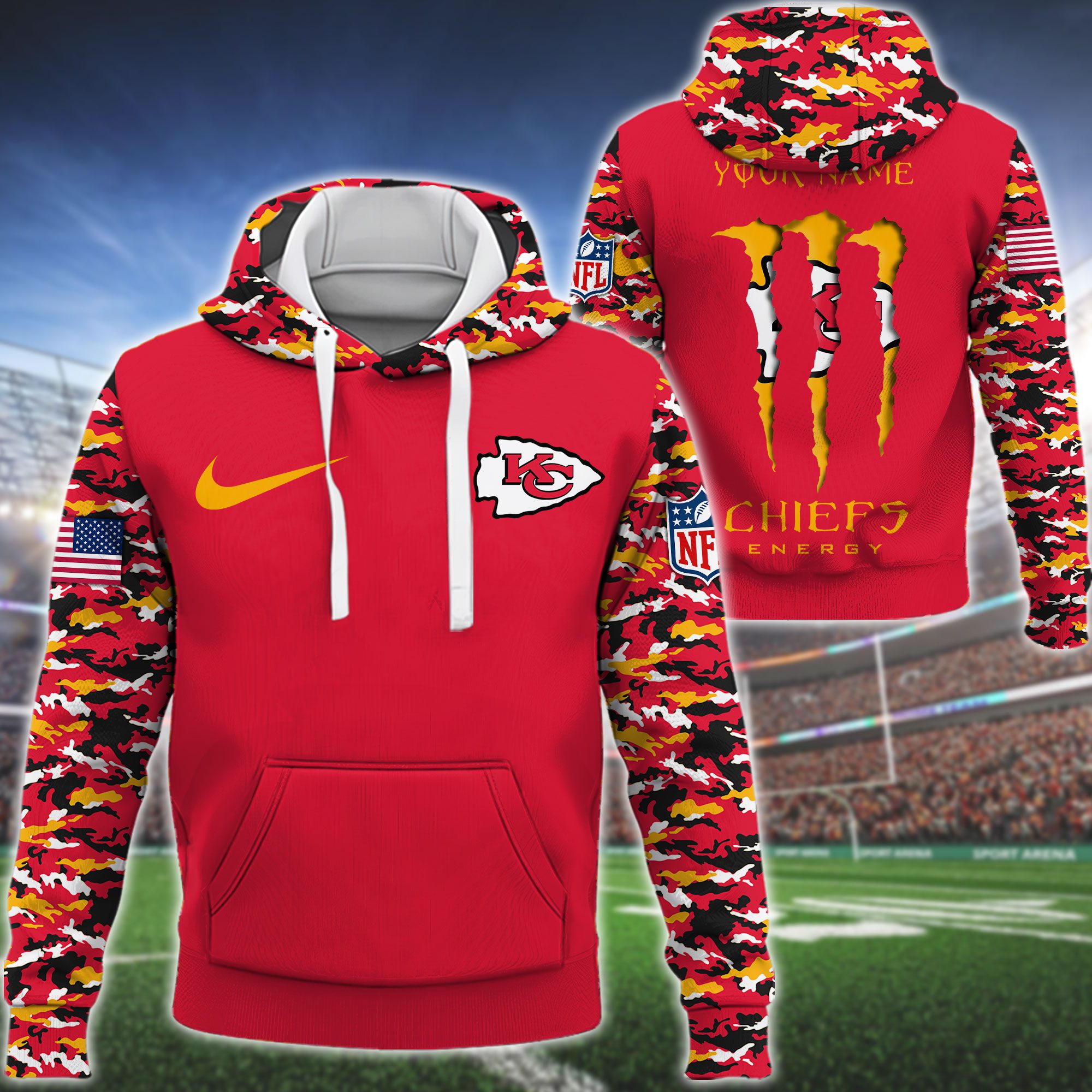 Kansas City Chiefs Nfl Swoosh Camo Pullover Hoodie 3D Print For Sport Fans