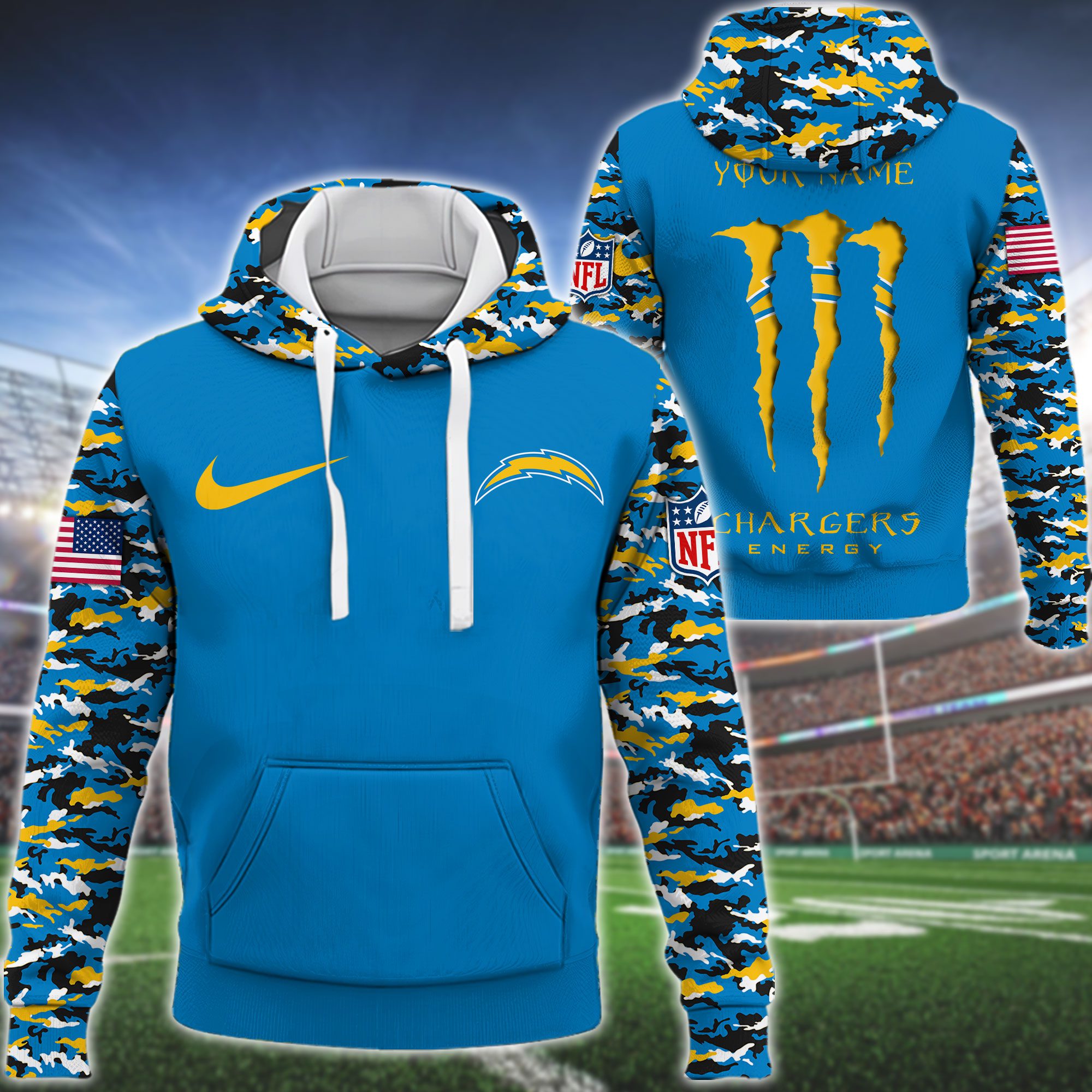 Los Angeles Chargers Nfl Swoosh Camo Pullover Hoodie 3D Print For Sport Fans