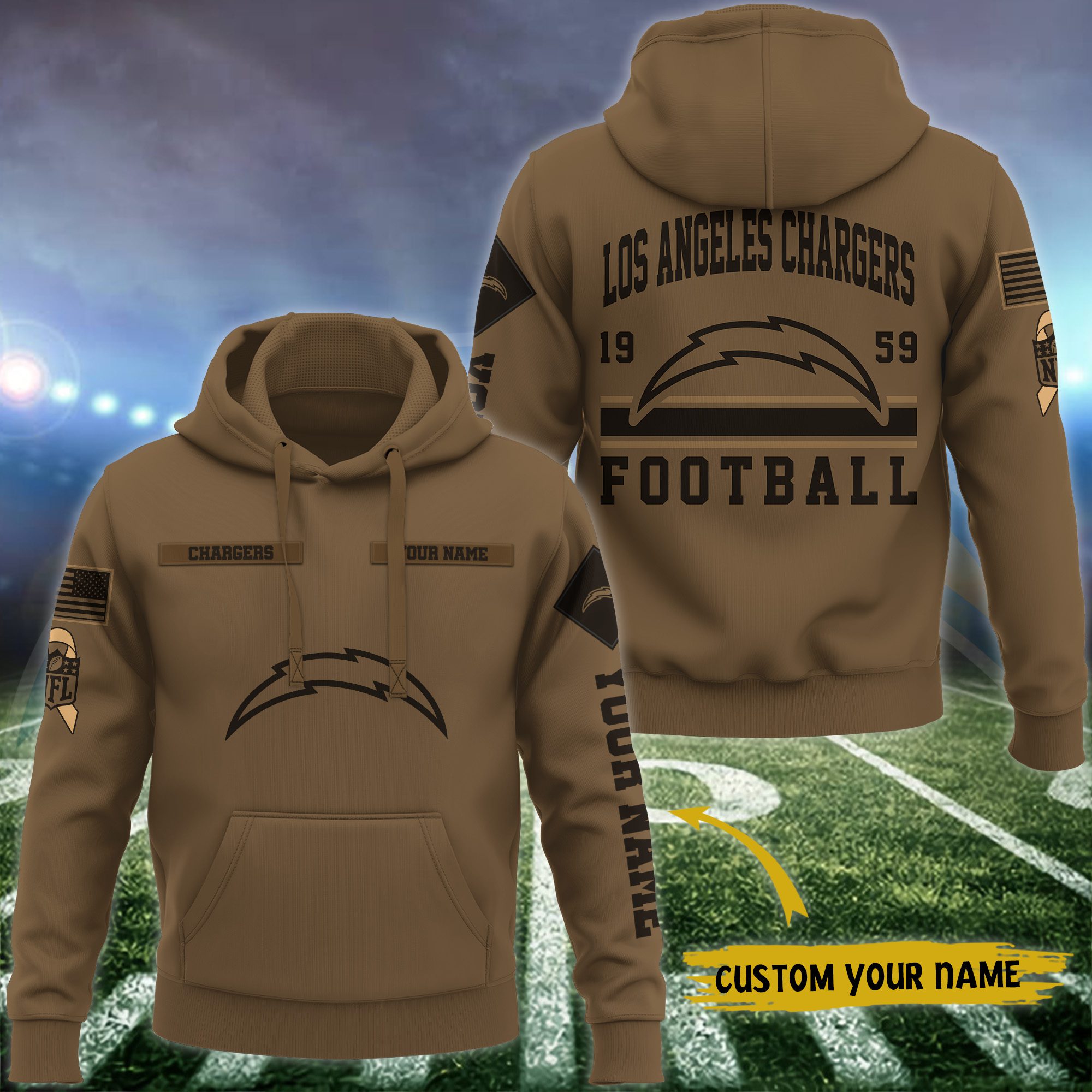 Los Angeles Chargers Nfl Brown Salute To Service Veteran 3D Hoodie Custom Your Name