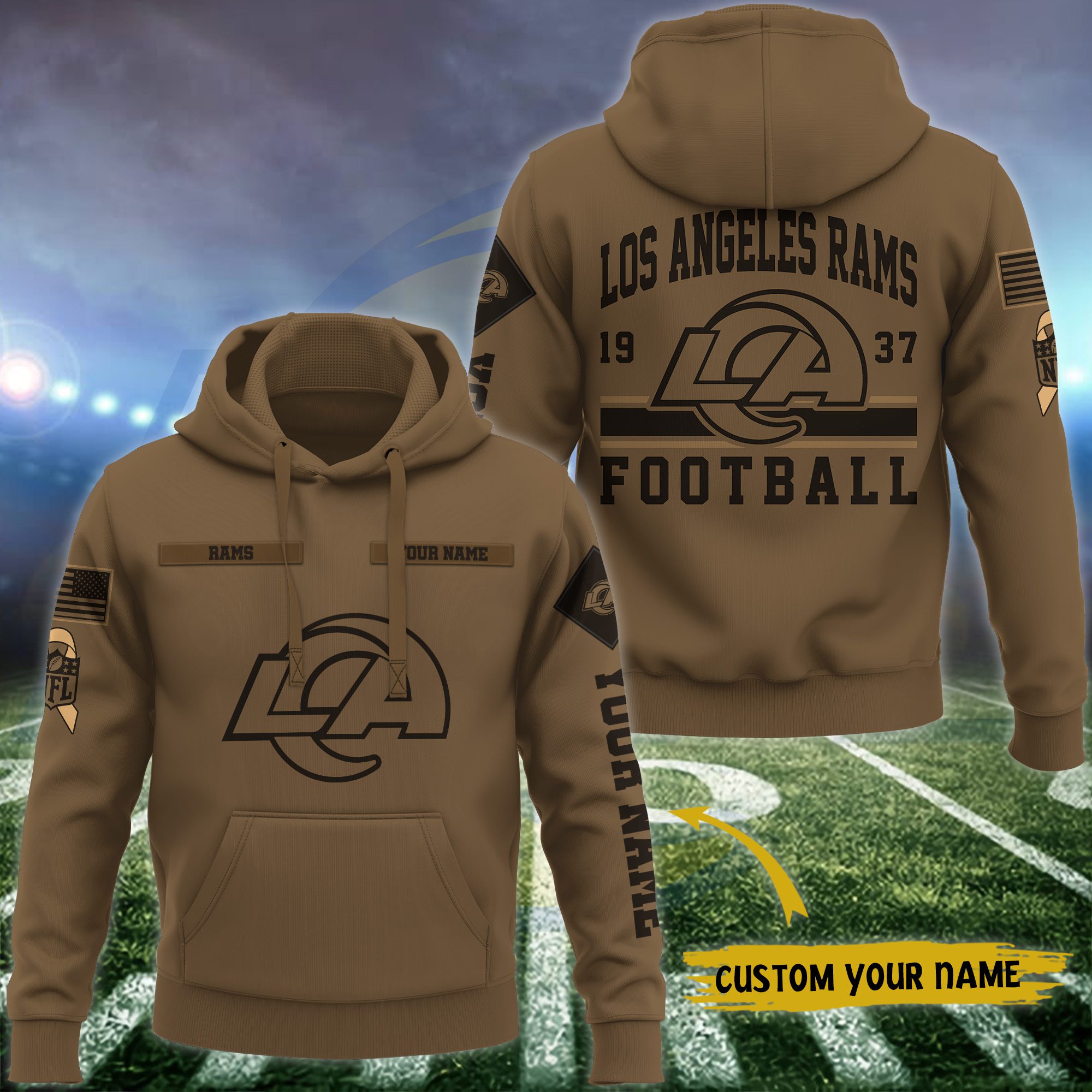 Los Angeles Rams Nfl Brown Salute To Service Veteran 3D Hoodie Custom Your Name