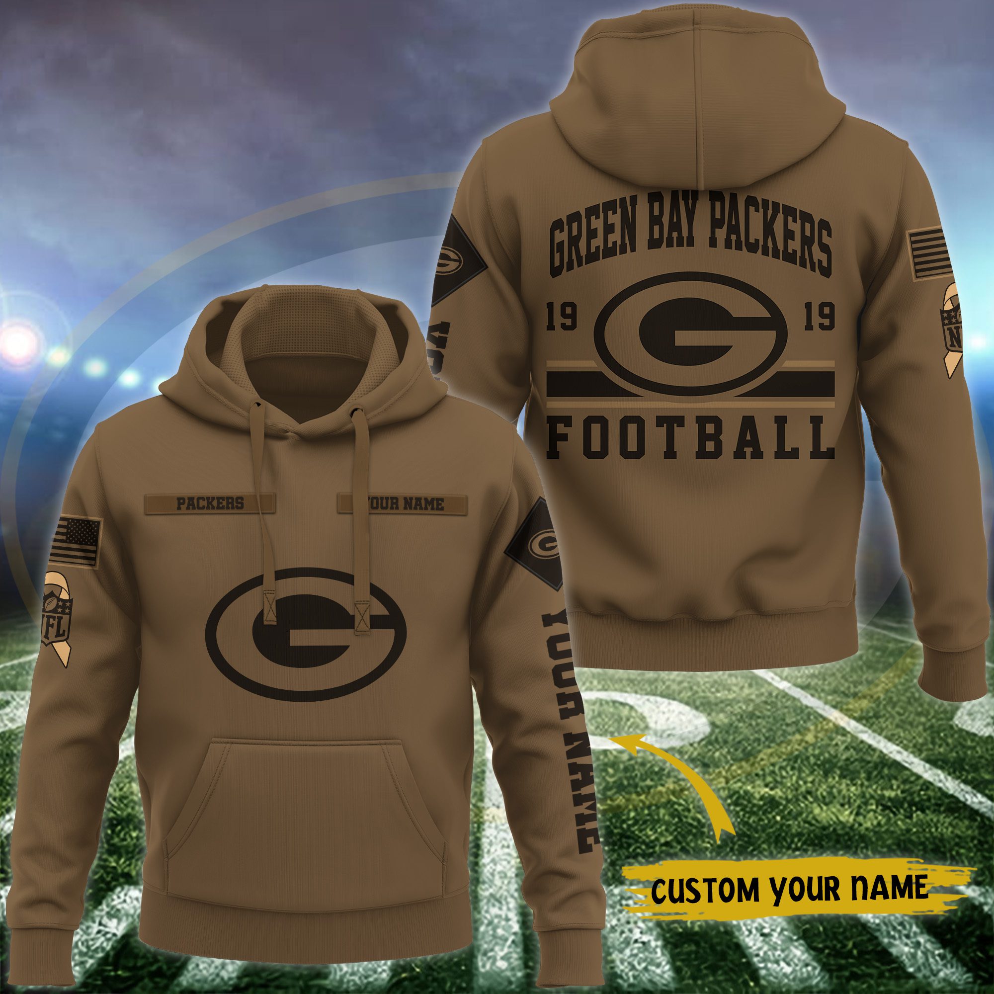 Green Bay Packers Nfl Brown Salute To Service Veteran 3D Hoodie Custom Your Name