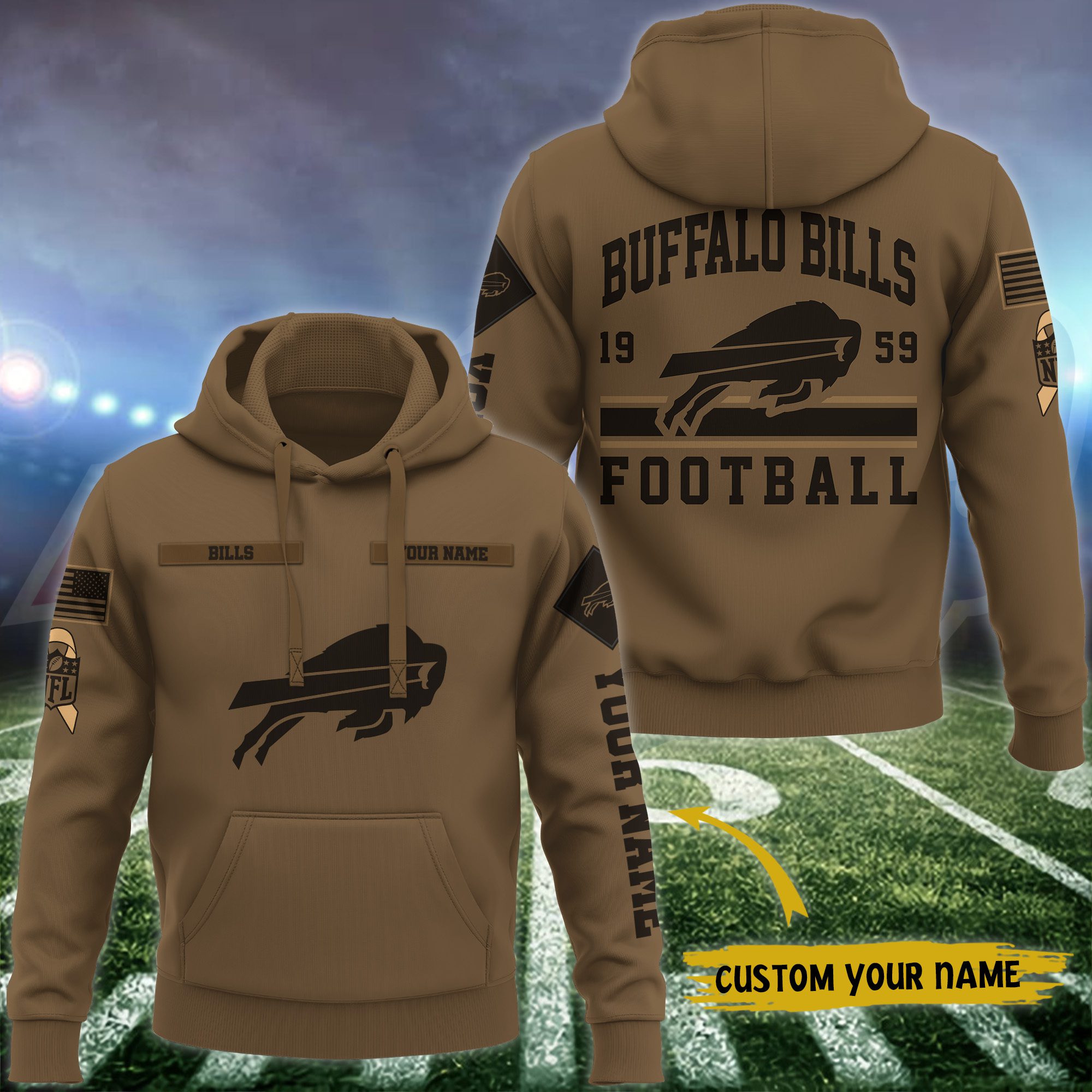 Buffalo Bills Nfl Brown Salute To Service Veteran 3D Hoodie Custom Your Name