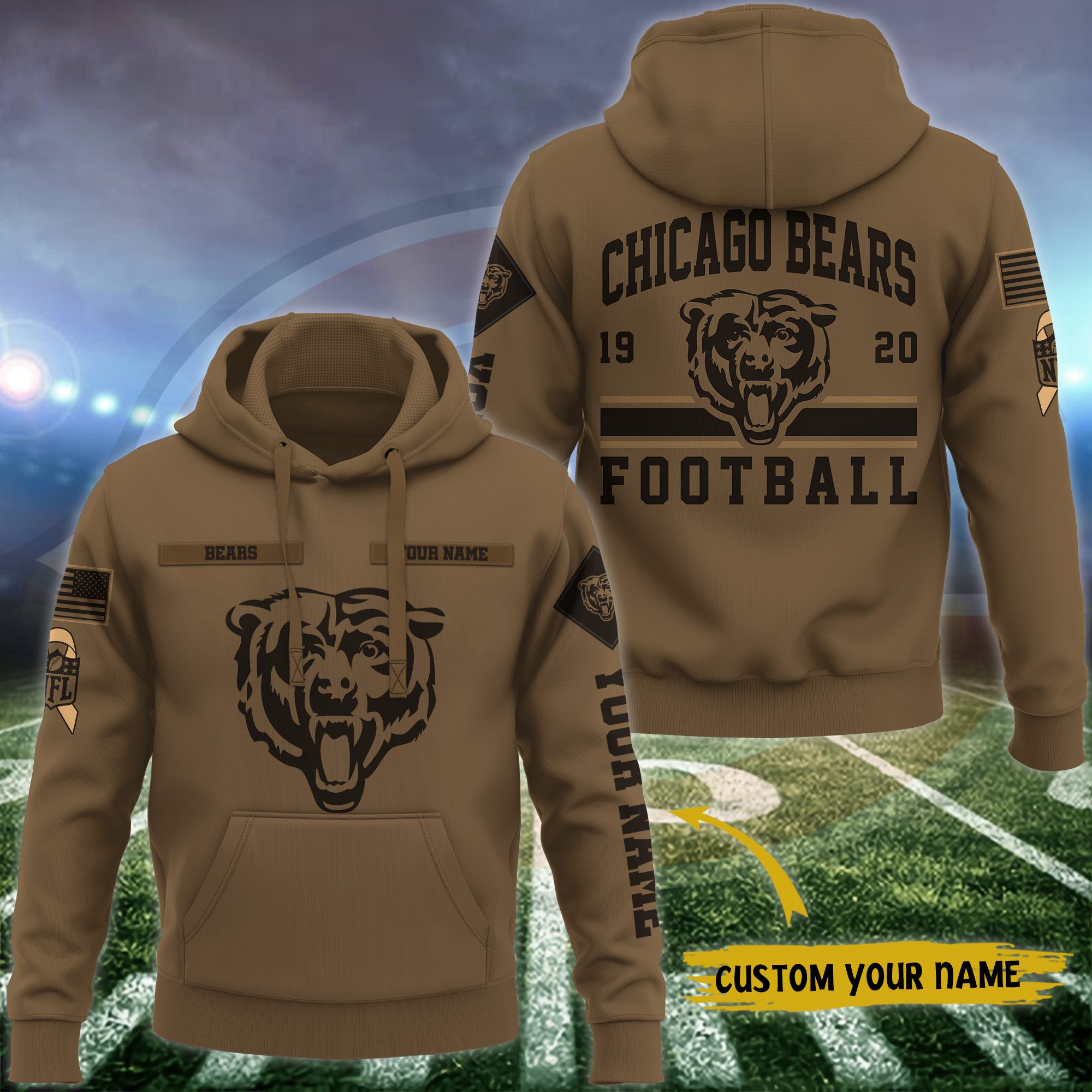 Chicago Bears Nfl Brown Salute To Service Veteran 3D Hoodie Custom Your Name