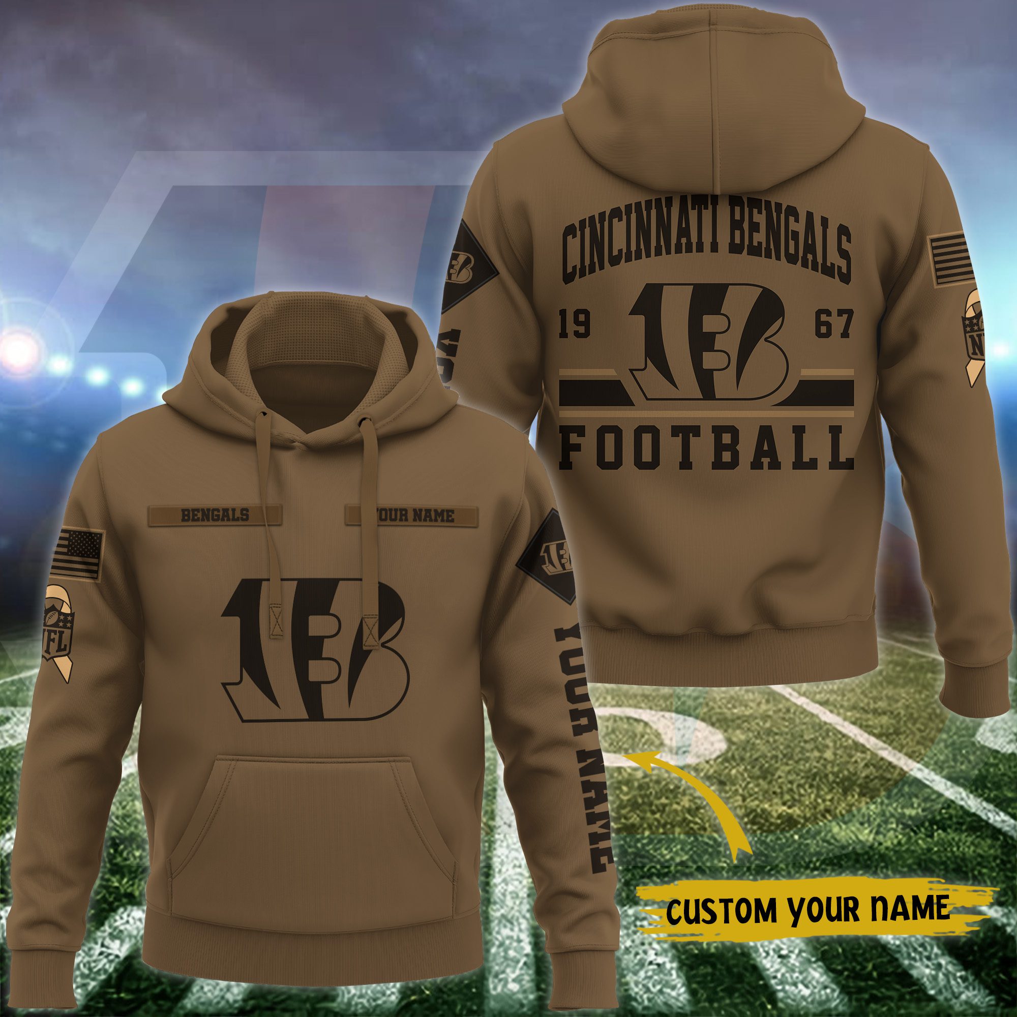 Cincinnati Bengals Nfl Brown Salute To Service Veteran 3D Hoodie Custom Your Name