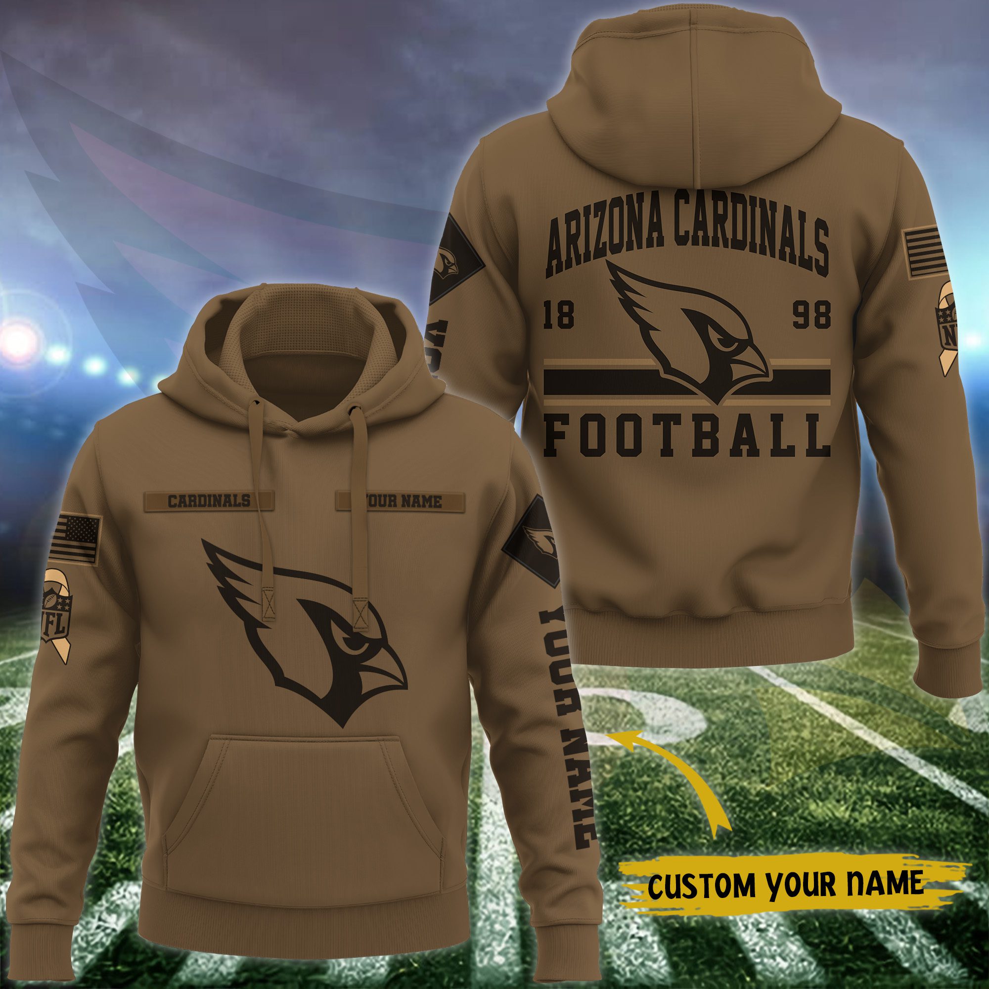 Arizona Cardinals Nfl Brown Salute To Service Veteran 3D Hoodie Custom Your Name