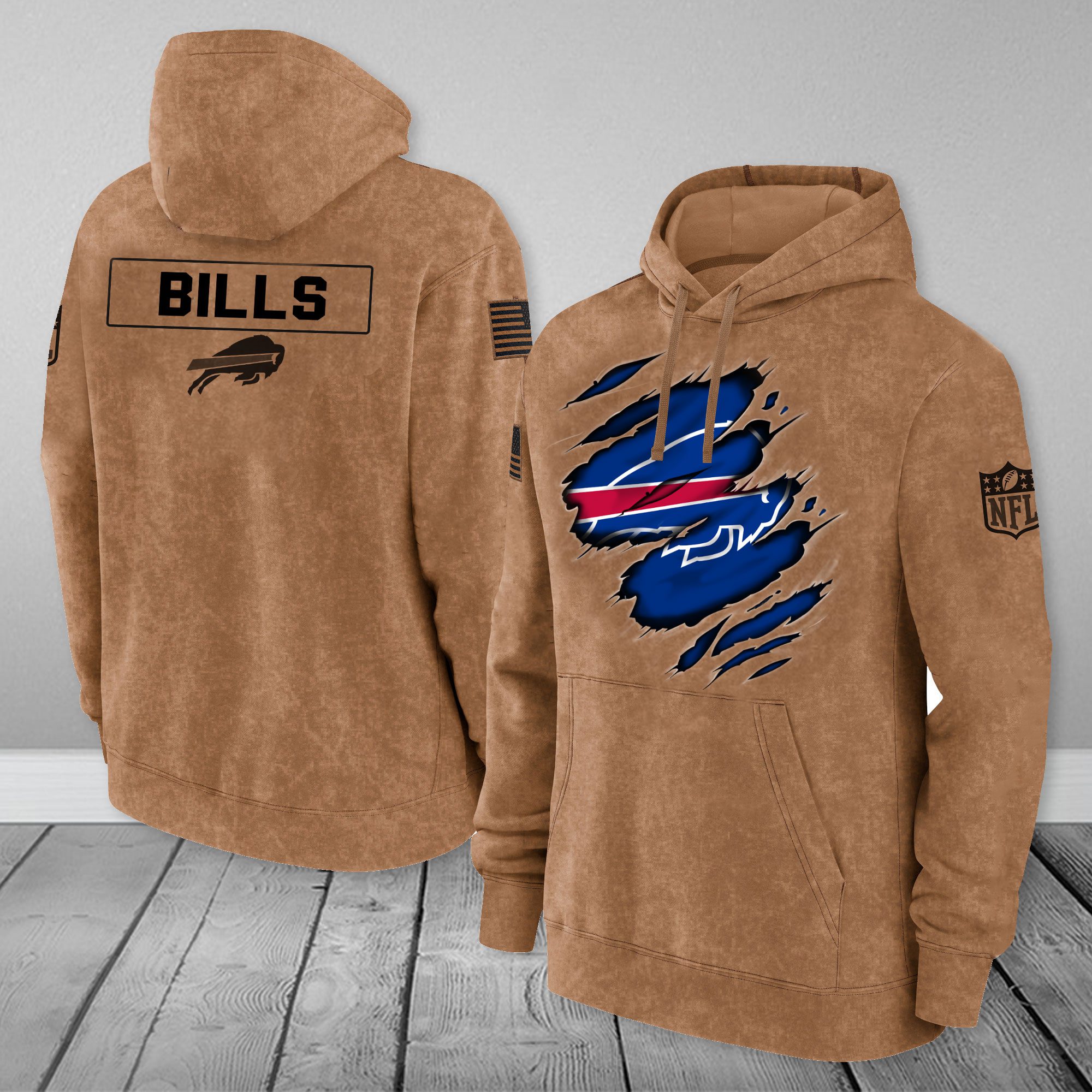Buffalo Bills Nfl Brown Distressed Logo Salute To Service 3D Hoodie