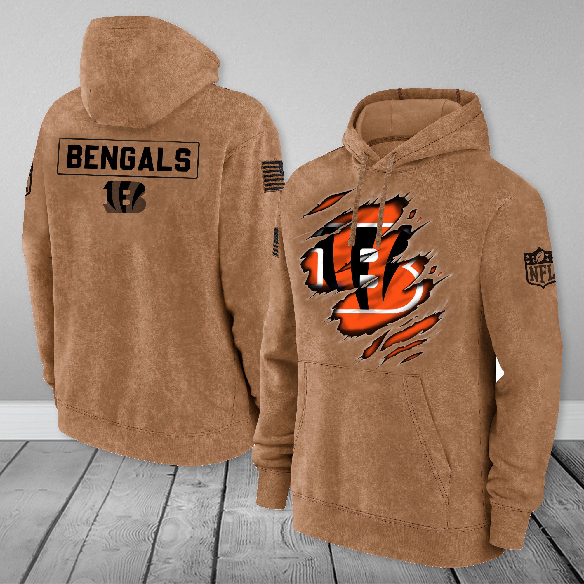 Cincinnati Bengals Nfl Brown Distressed Logo Salute To Service 3D Hoodie