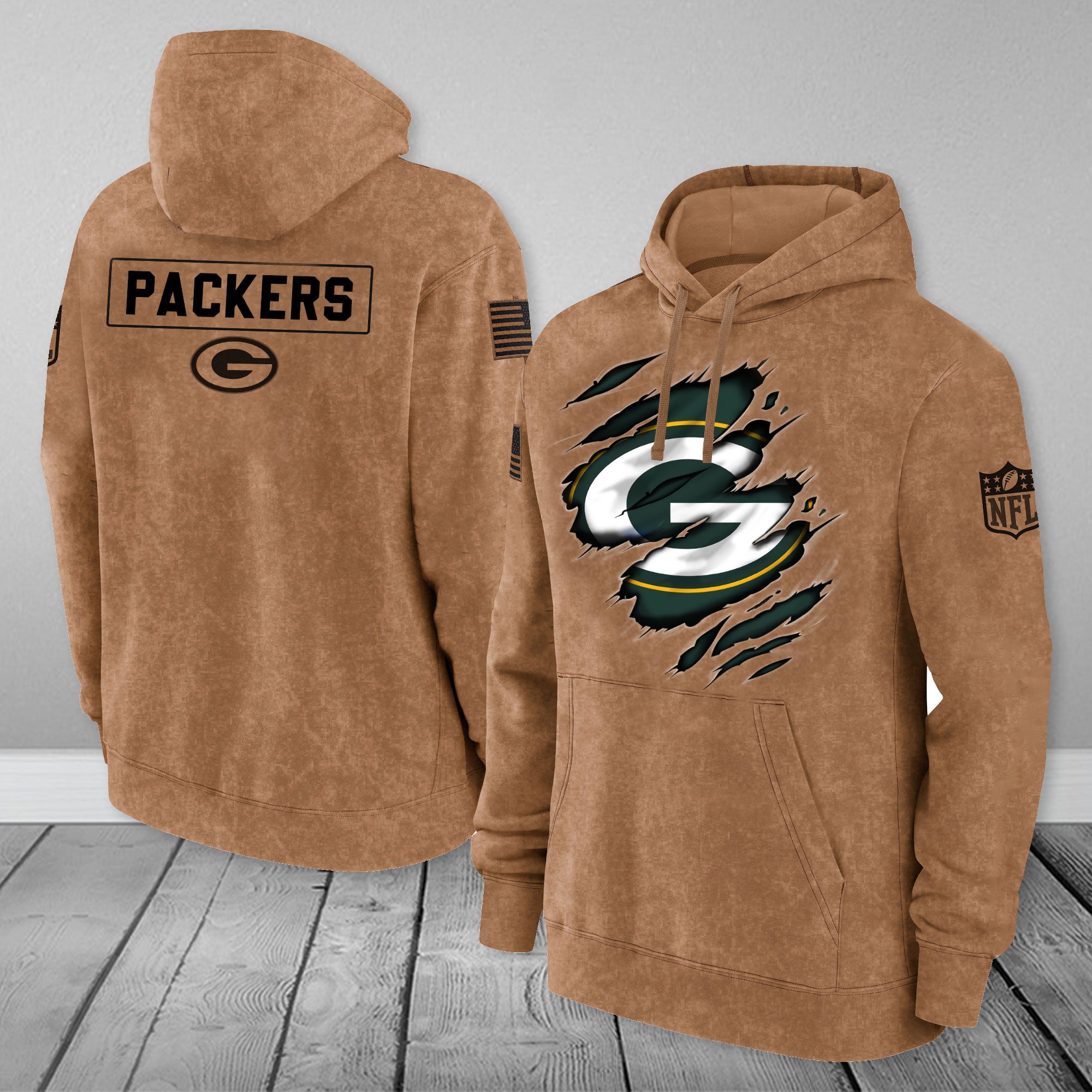 Green Bay Packers Nfl Brown Distressed Logo Salute To Service 3D Hoodie