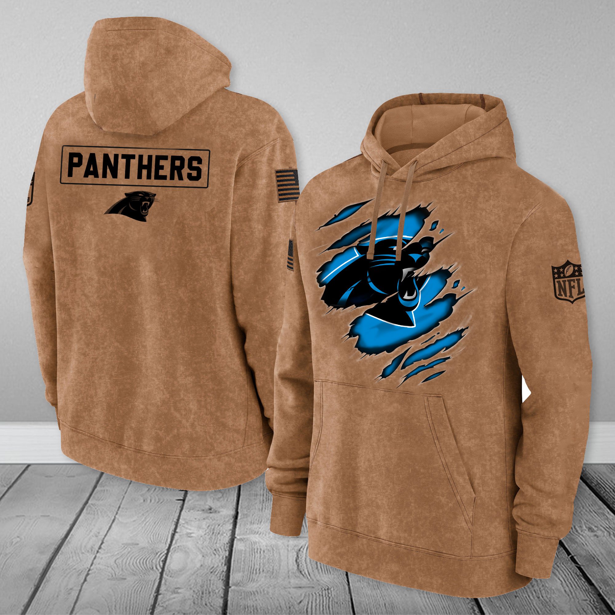 Carolina Panthers Nfl Brown Distressed Logo Salute To Service 3D Hoodie