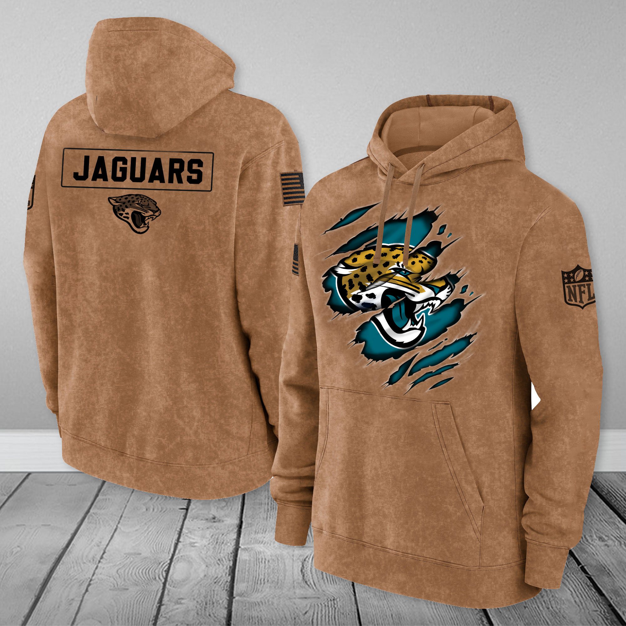 Jacksonville Jaguars Nfl Brown Distressed Logo Salute To Service 3D Hoodie