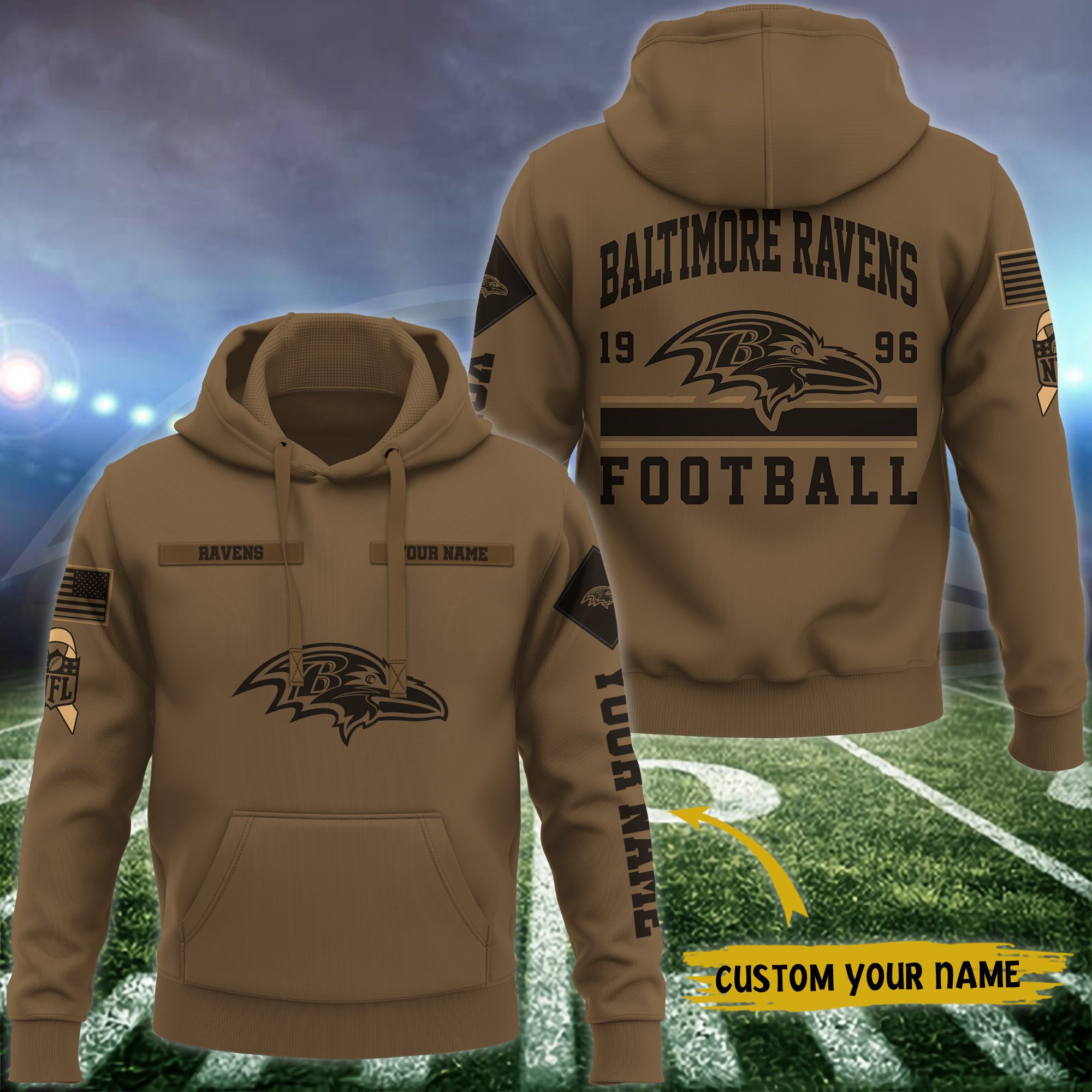 Baltimore Ravens Nfl Brown Salute To Service Veteran 3D Hoodie Custom Your Name