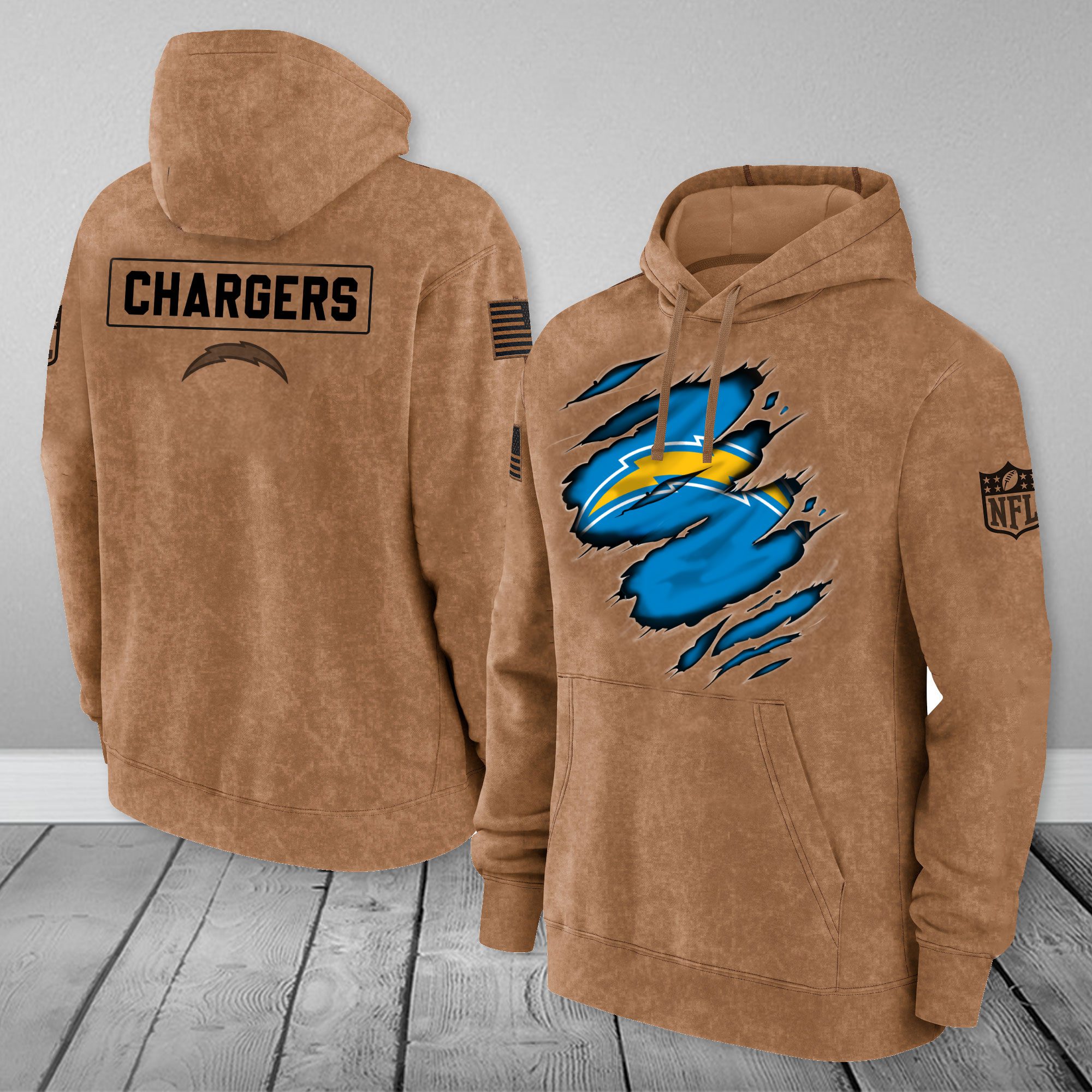 Los Angeles Chargers Nfl Brown Distressed Logo Salute To Service 3D Hoodie