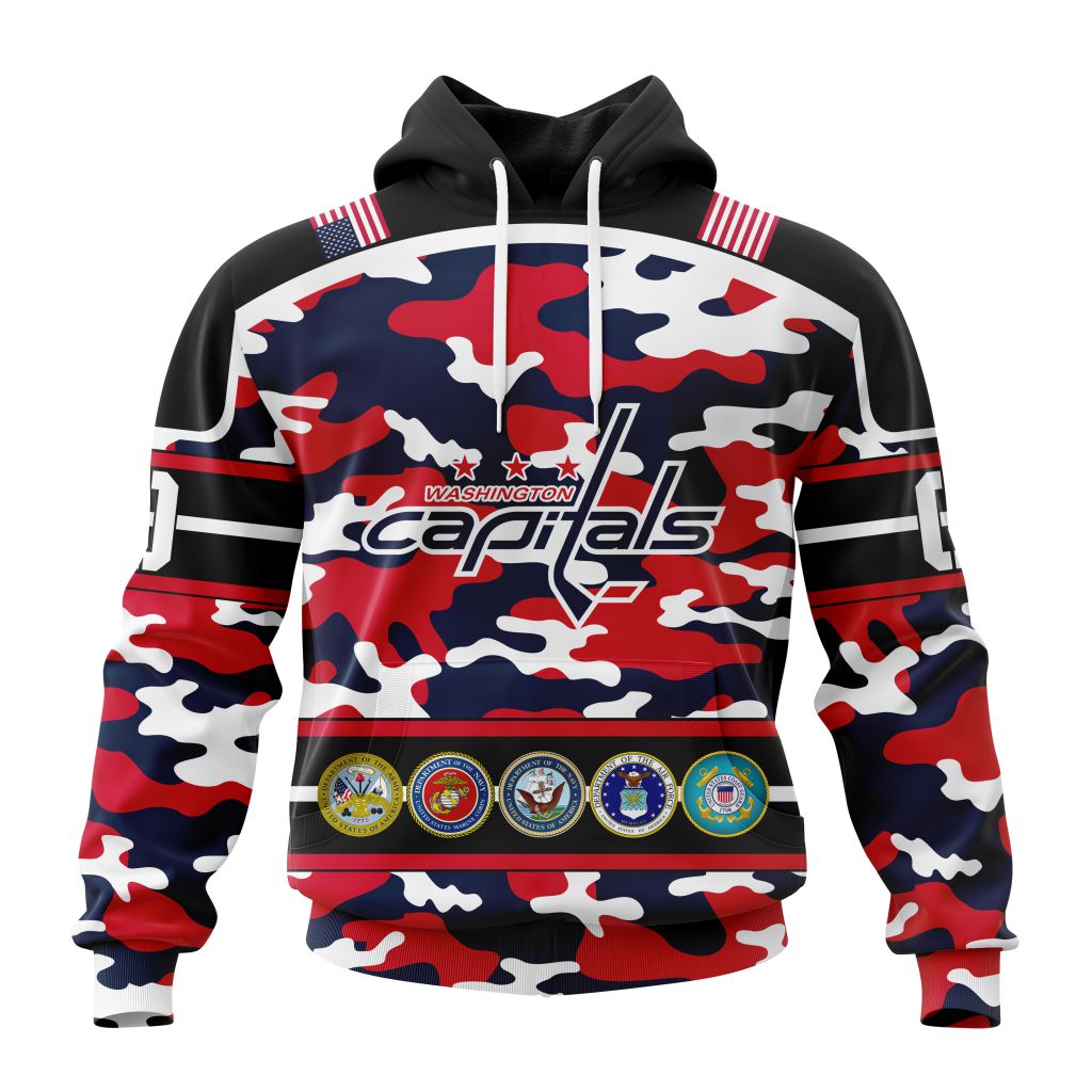 Personalized Nhl Washington Capitals With Camo Team Color And Military Force Logo Pullover Hoodie
