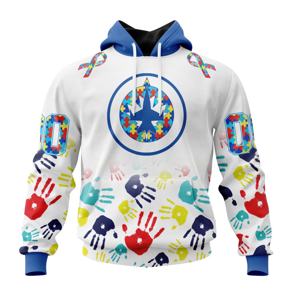 Personalized Nhl Winnipeg Jets Autism Awareness Hands Design Pullover Hoodie