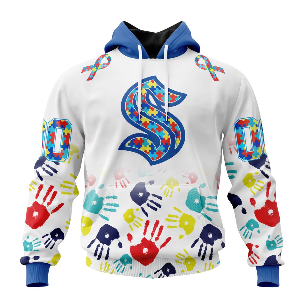 Personalized Nhl Seattle Kraken Autism Awareness Hands Design Pullover Hoodie