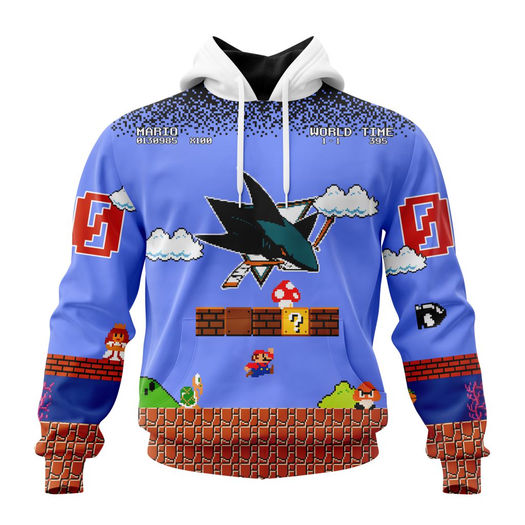 Personalized Nhl San Jose Sharks With Super Mario Game Design Pullover Hoodie
