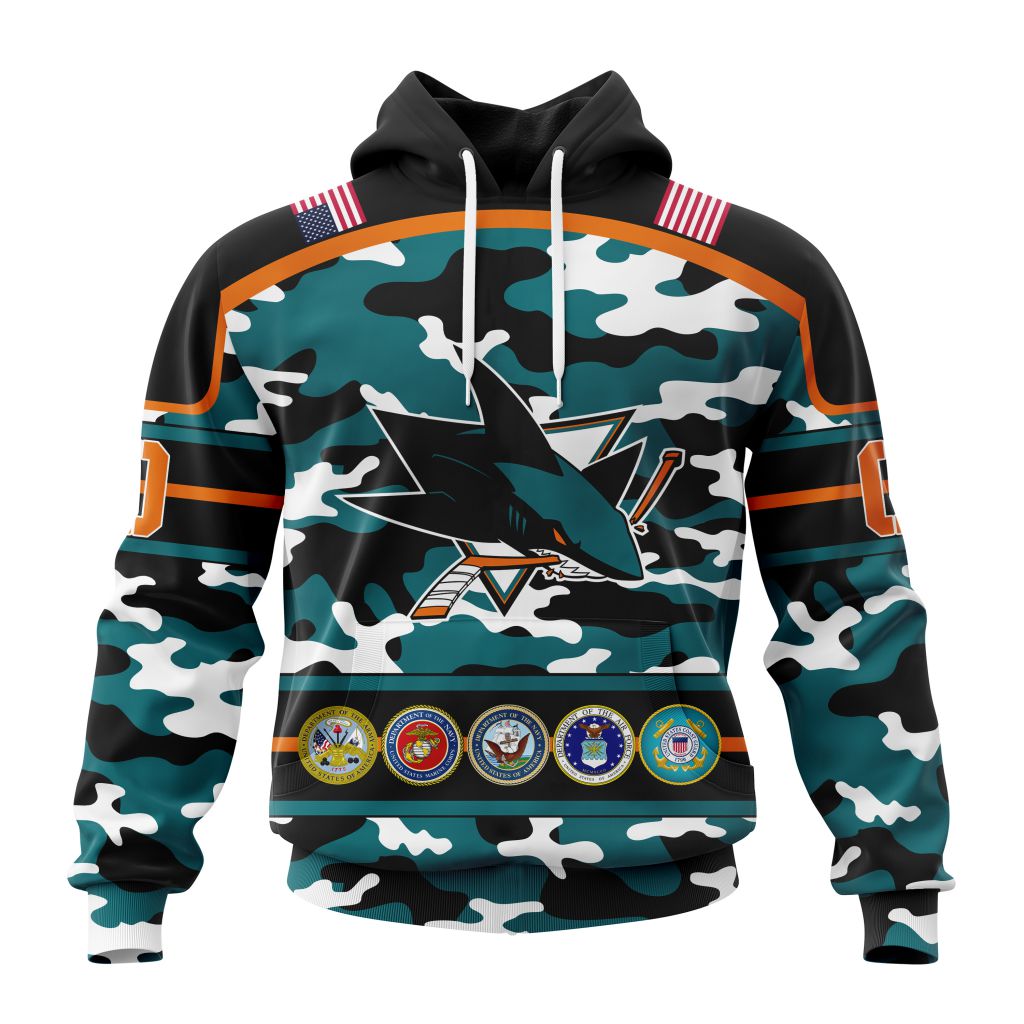 Personalized Nhl San Jose Sharks With Camo Team Color And Military Force Logo Pullover Hoodie