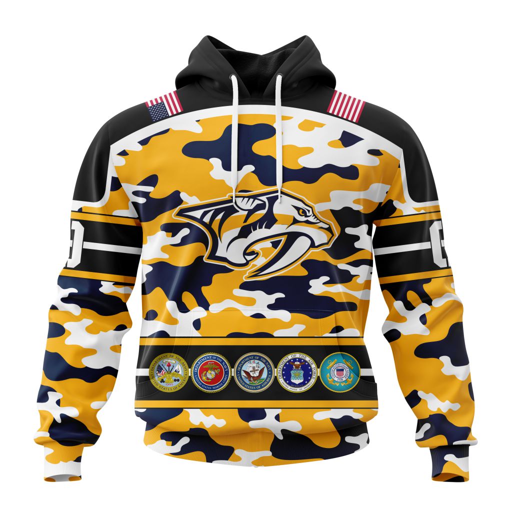 Personalized Nhl Nashville Predators With Camo Team Color And Military Force Logo Pullover Hoodie