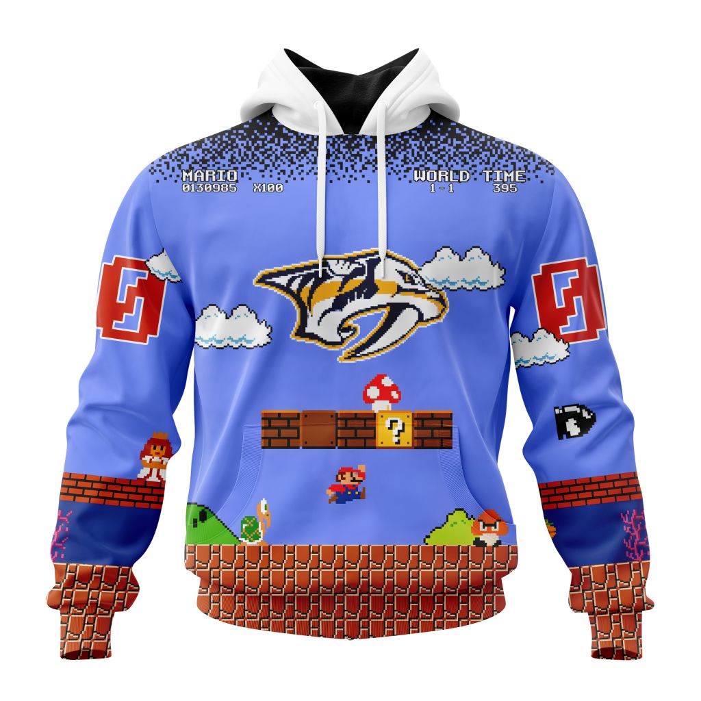 Personalized Nhl Nashville Predators With Super Mario Game Design Pullover Hoodie