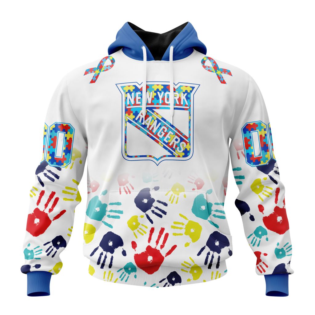 Personalized Nhl New York Rangers Autism Awareness Hands Design Pullover Hoodie