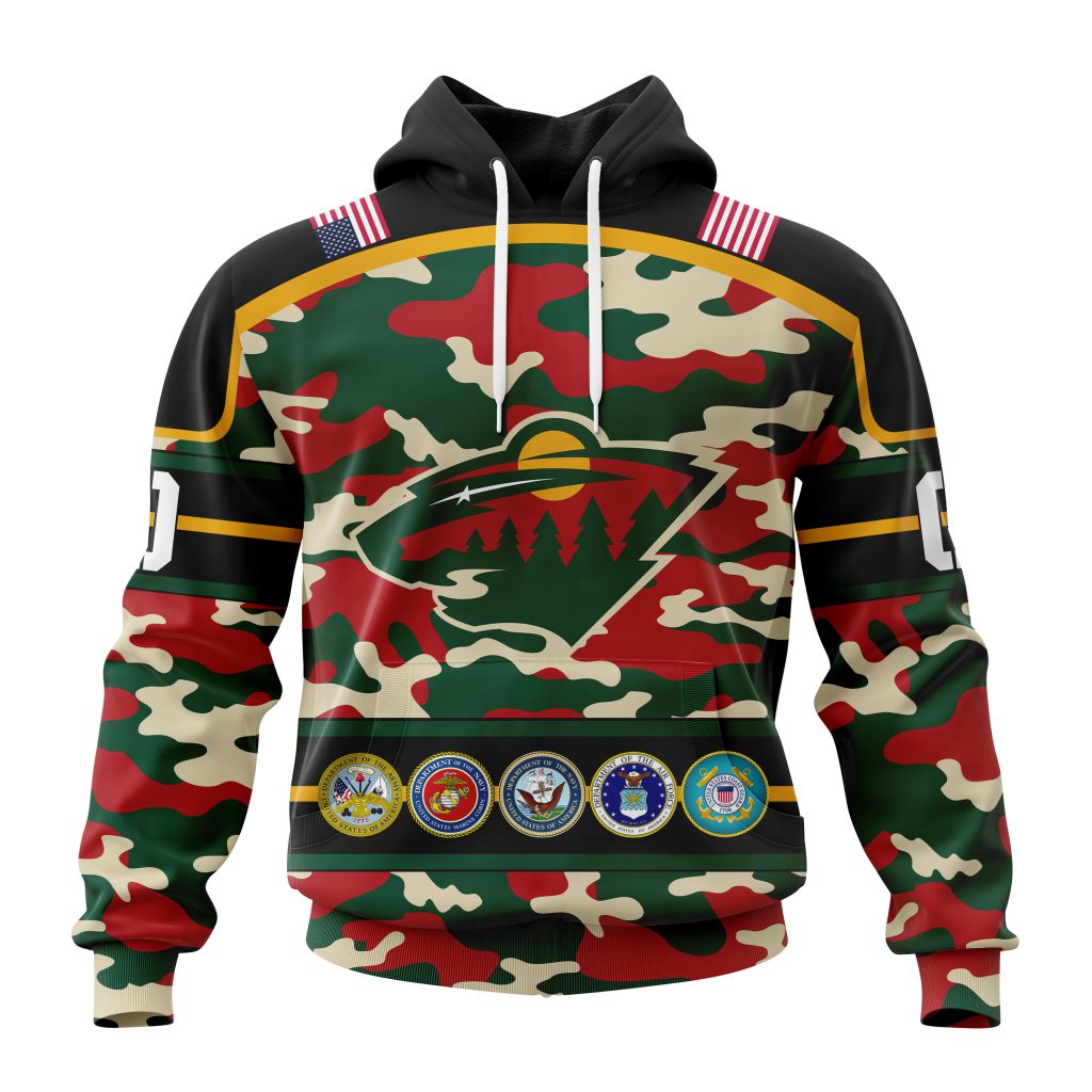 Personalized Nhl Minnesota Wild With Camo Team Color And Military Force Logo Pullover Hoodie