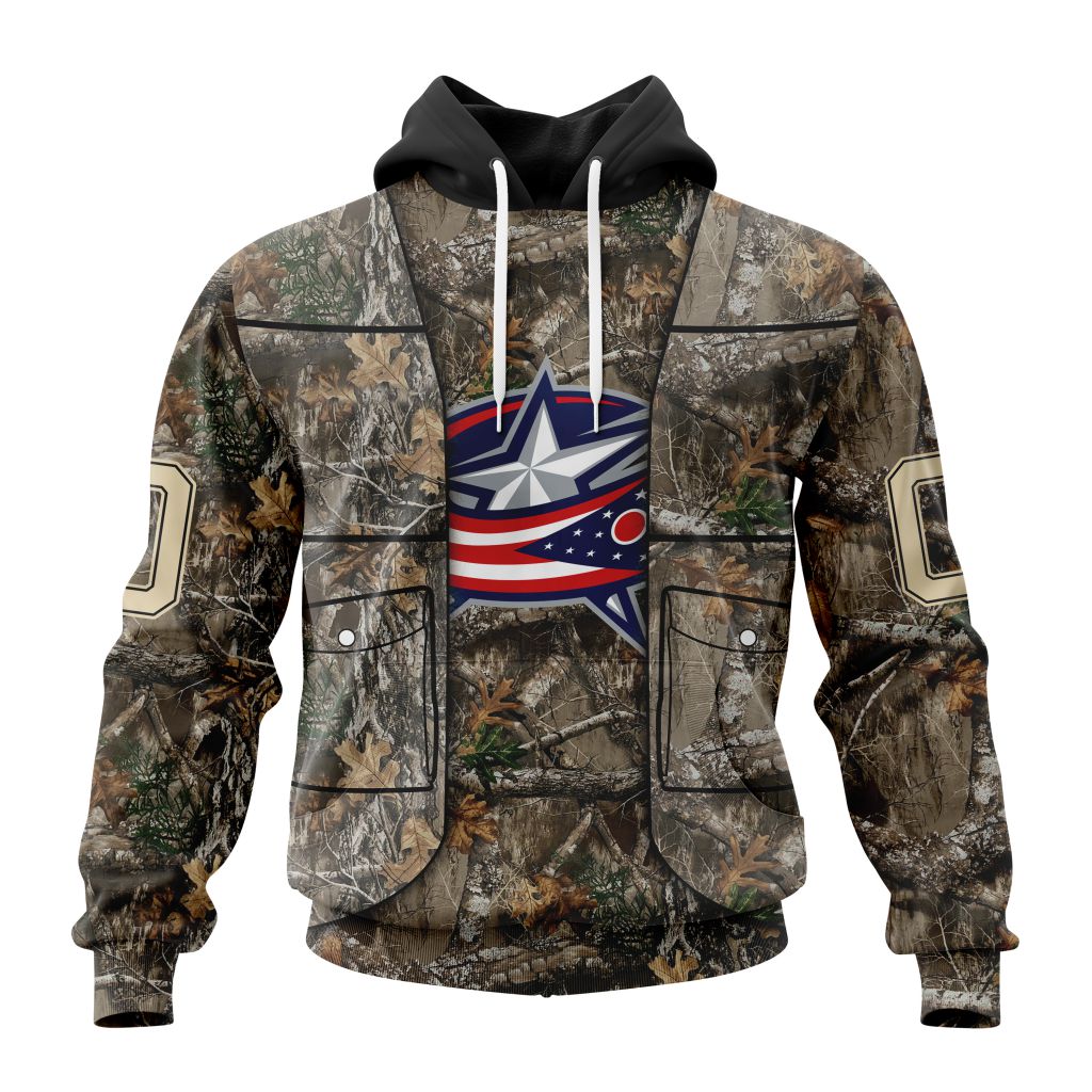 Personalized Nhl Columbus Blue Jackets Vest Kits With Realtree Camo Pullover Hoodie