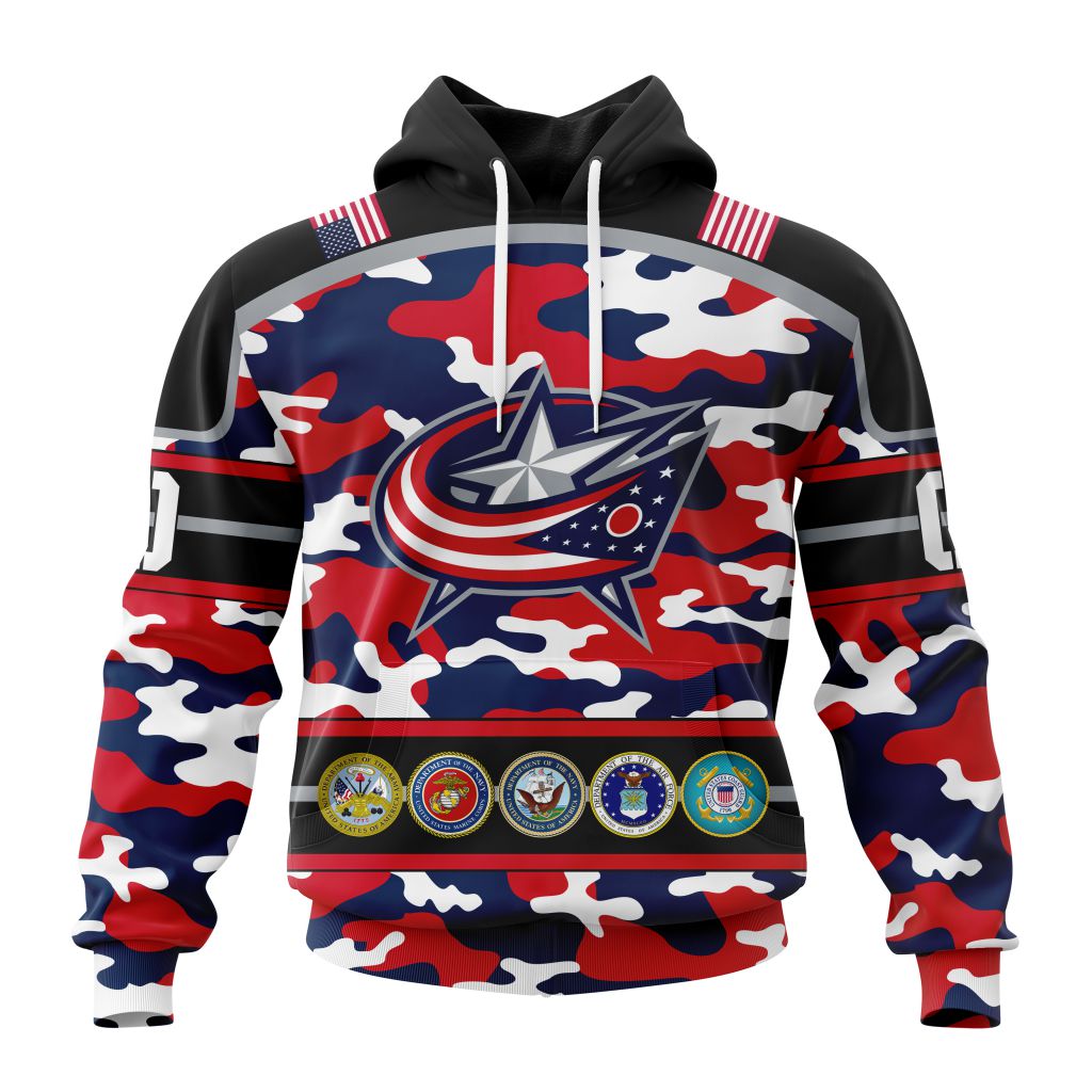 Personalized Nhl Columbus Blue Jackets With Camo Team Color And Military Force Logo Pullover Hoodie