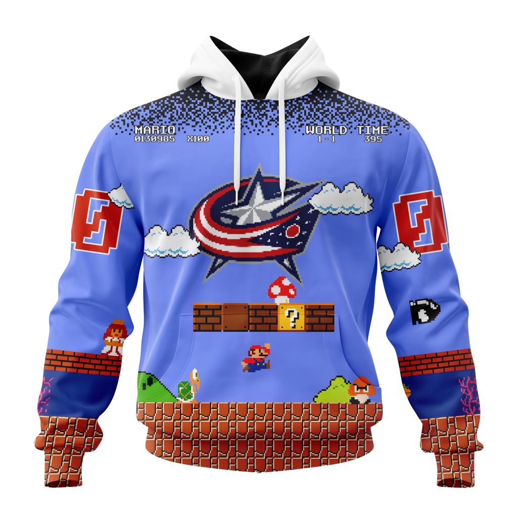Personalized Nhl Columbus Blue Jackets With Super Mario Game Design Pullover Hoodie